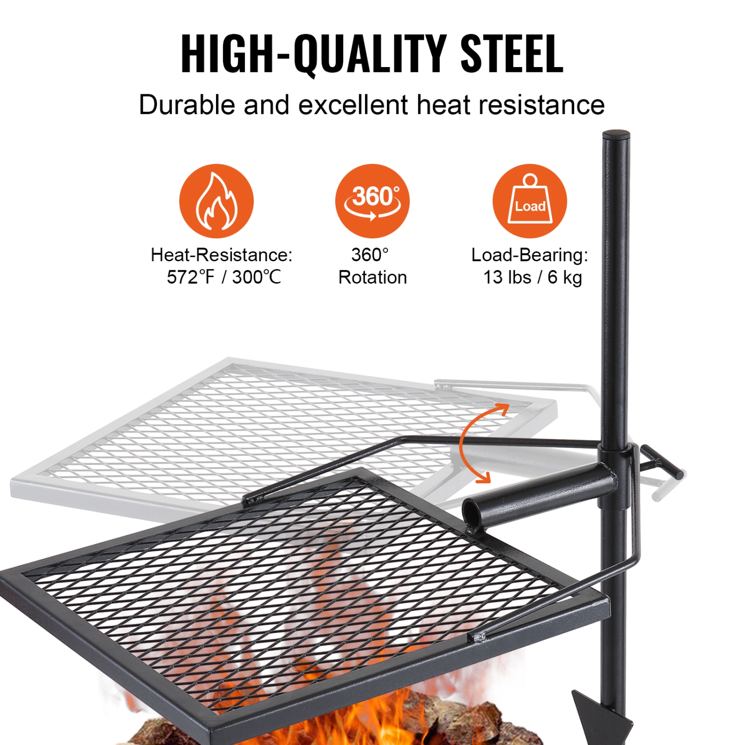 VEVOR Swivel Campfire Grill, Fire Pit Grill Grate over Fire Pits, Heavy Duty Steel Grill Grates, 360° Adjustable Open Fire Outdoor Cooking Equipment,