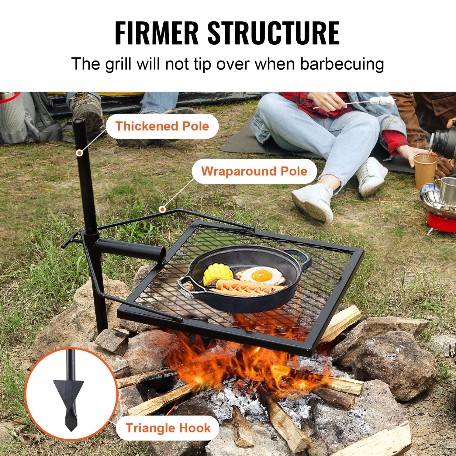 VEVOR Swivel Campfire Grill, Fire Pit Grill Grate over Fire Pits, Heavy Duty Steel Grill Grates, 360° Adjustable Open Fire Outdoor Cooking Equipment,
