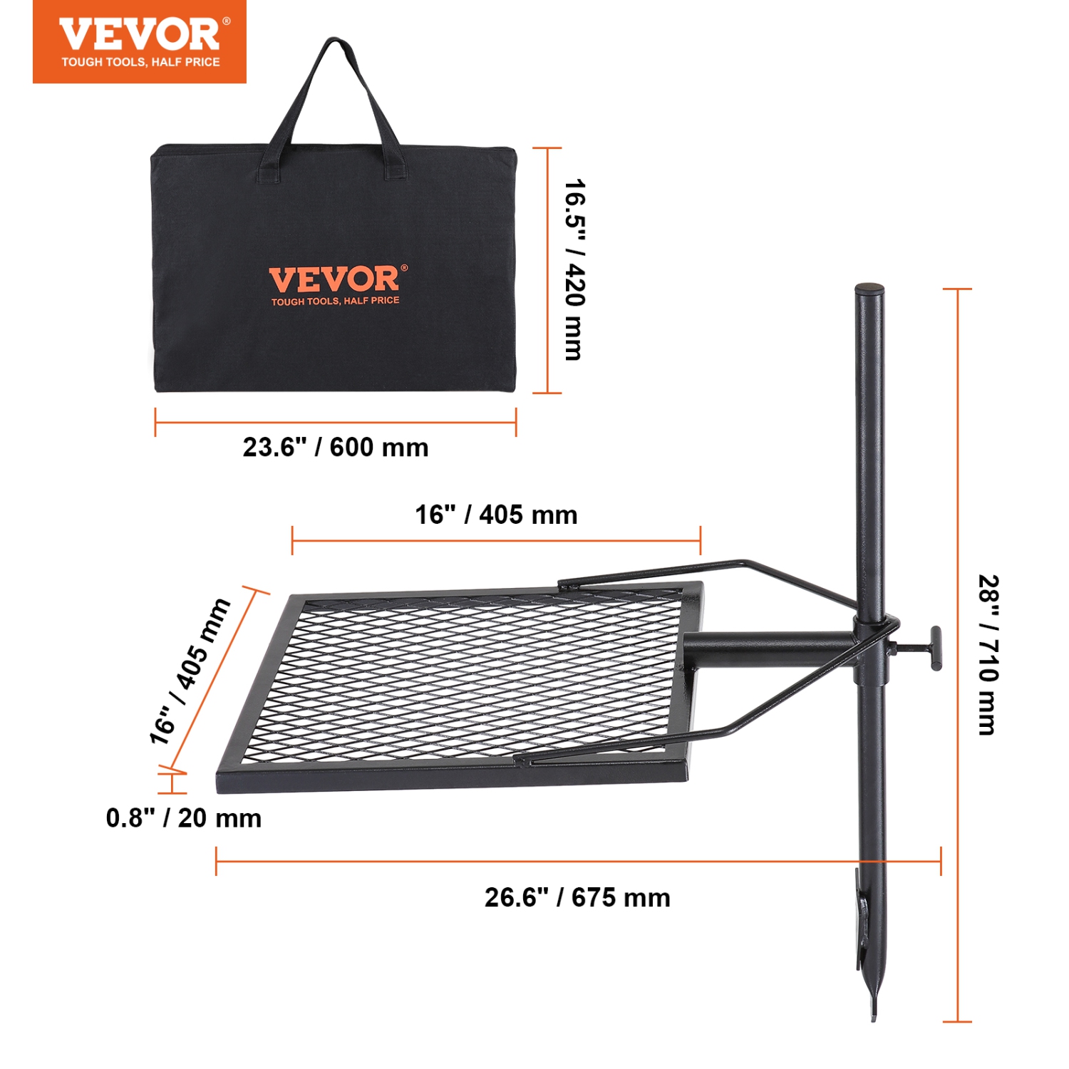 VEVOR Swivel Campfire Grill, Fire Pit Grill Grate over Fire Pits, Heavy Duty Steel Grill Grates, 360° Adjustable Open Fire Outdoor Cooking Equipment,