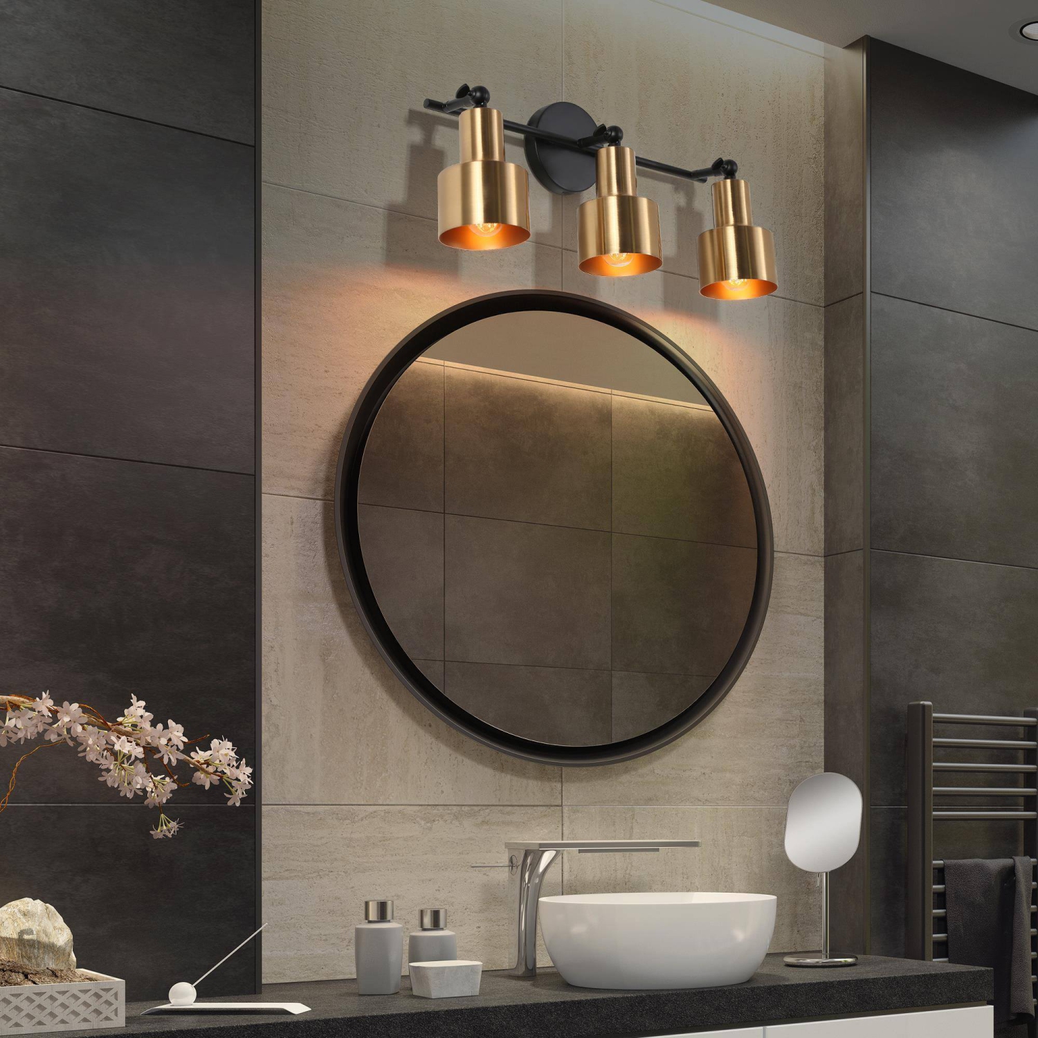 20.1 po Applique de salle de bain à 3 lumières, noir et laiton, abat-jour en métal