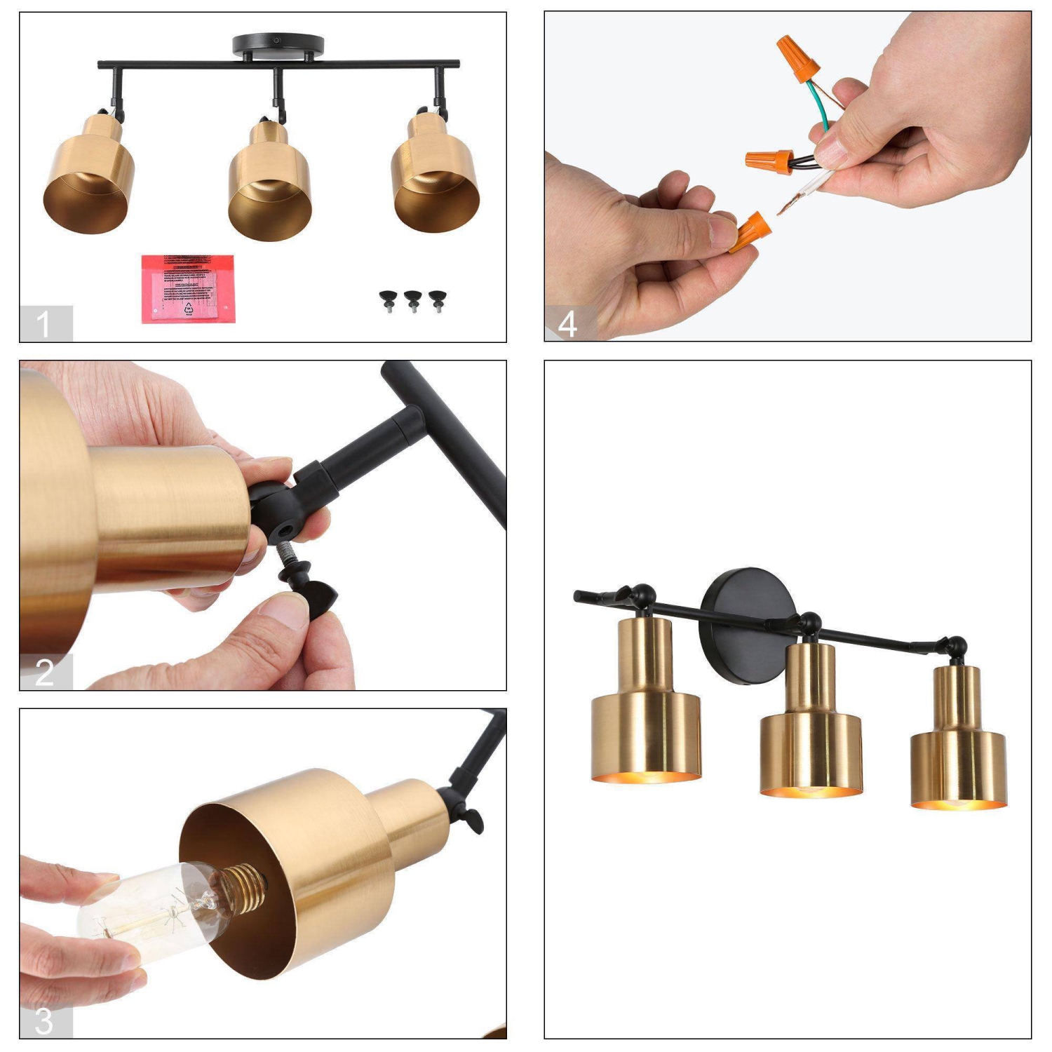 20.1 po Applique de salle de bain à 3 lumières, noir et laiton, abat-jour en métal