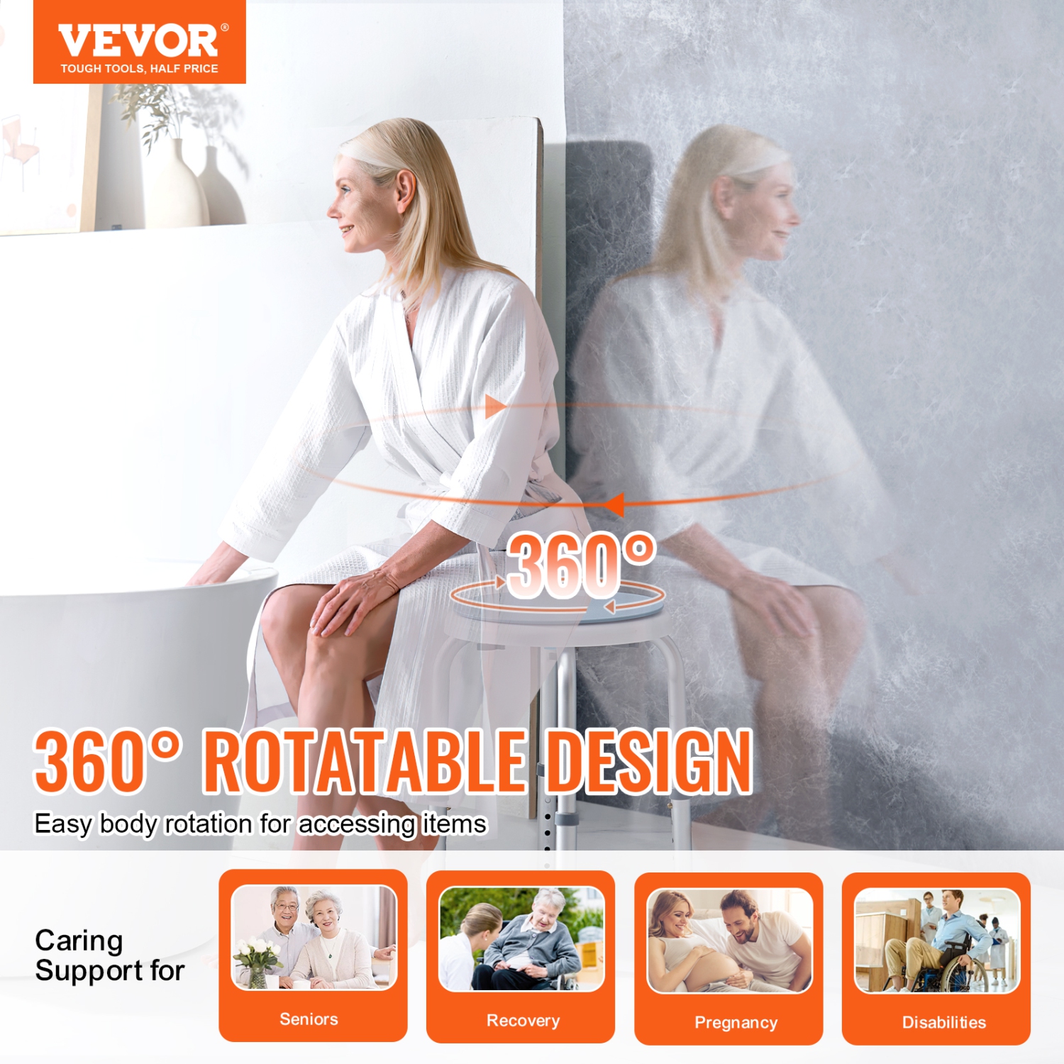 VEVOR 300 lbs Capacity,Shower Chair 360 Degree Rotating, Adjustable Height Shower Stool Seat, Bath Chair for Inside Shower or Tub, Non-Slip Bench