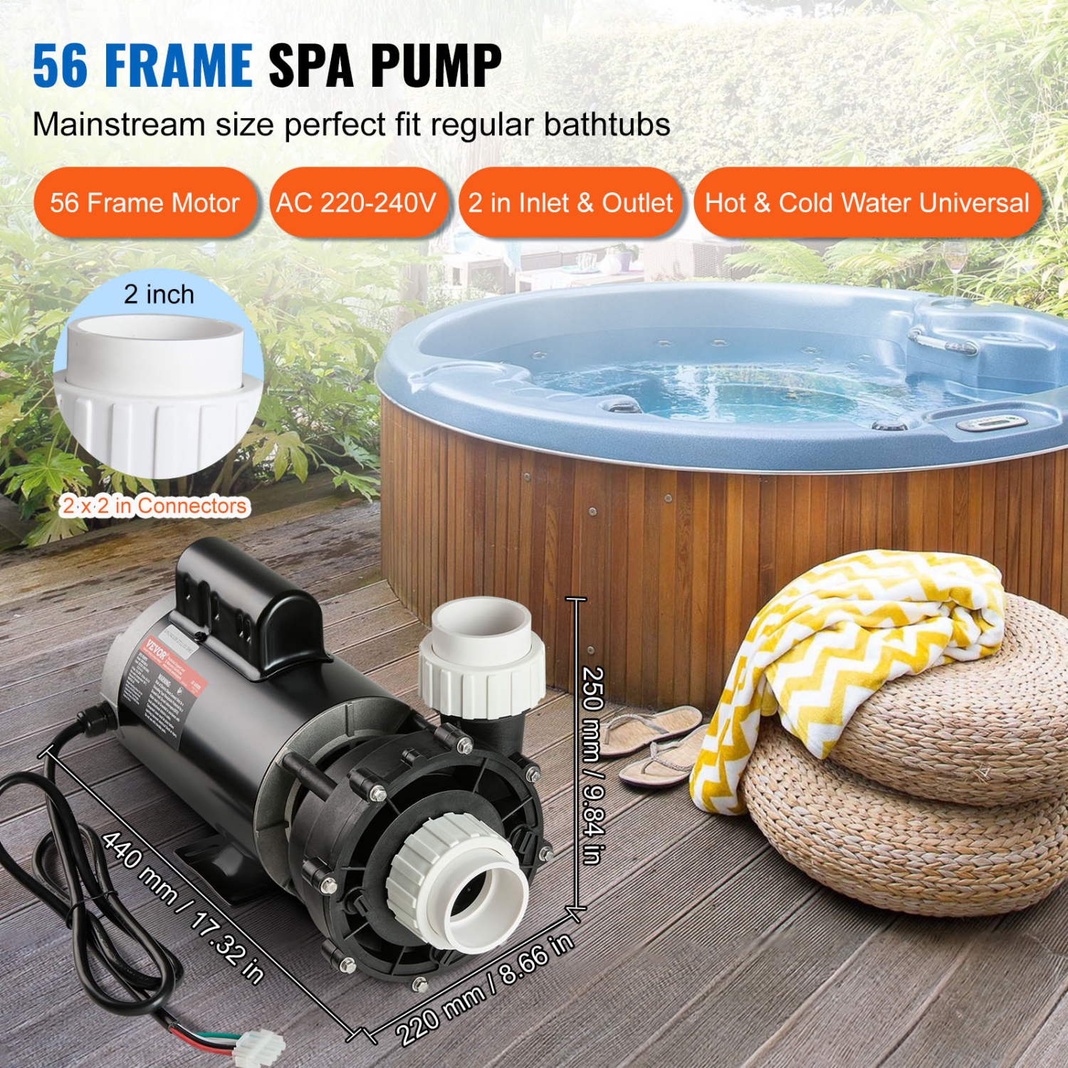 Pompe SPA à 2 vitesses VEVOR, 56 châssis, pompe SPA AC 220-240&nbsp;V pour spa, 4&nbsp;HP/210GPM/65.61&nbsp;pi haute vitesse ou
