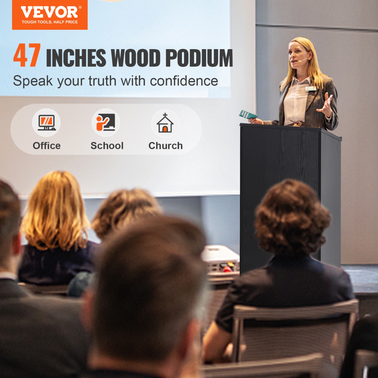 VEVOR 47 in Podium Stand, Hostess Stand with 4 Rolling Wheels, Wood Podium with Storage Shelves, and Slant Desktop, Lecterns & Podiums for Church,