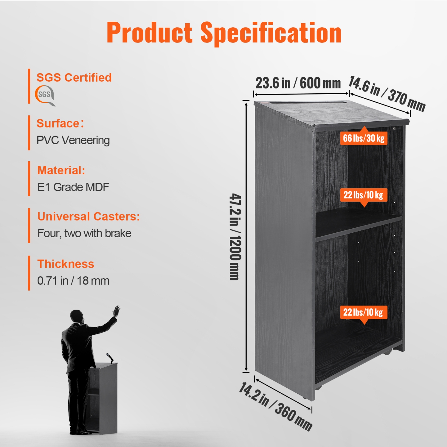 VEVOR 47 in Podium Stand, Hostess Stand with 4 Rolling Wheels, Wood Podium with Storage Shelves, and Slant Desktop, Lecterns & Podiums for Church,
