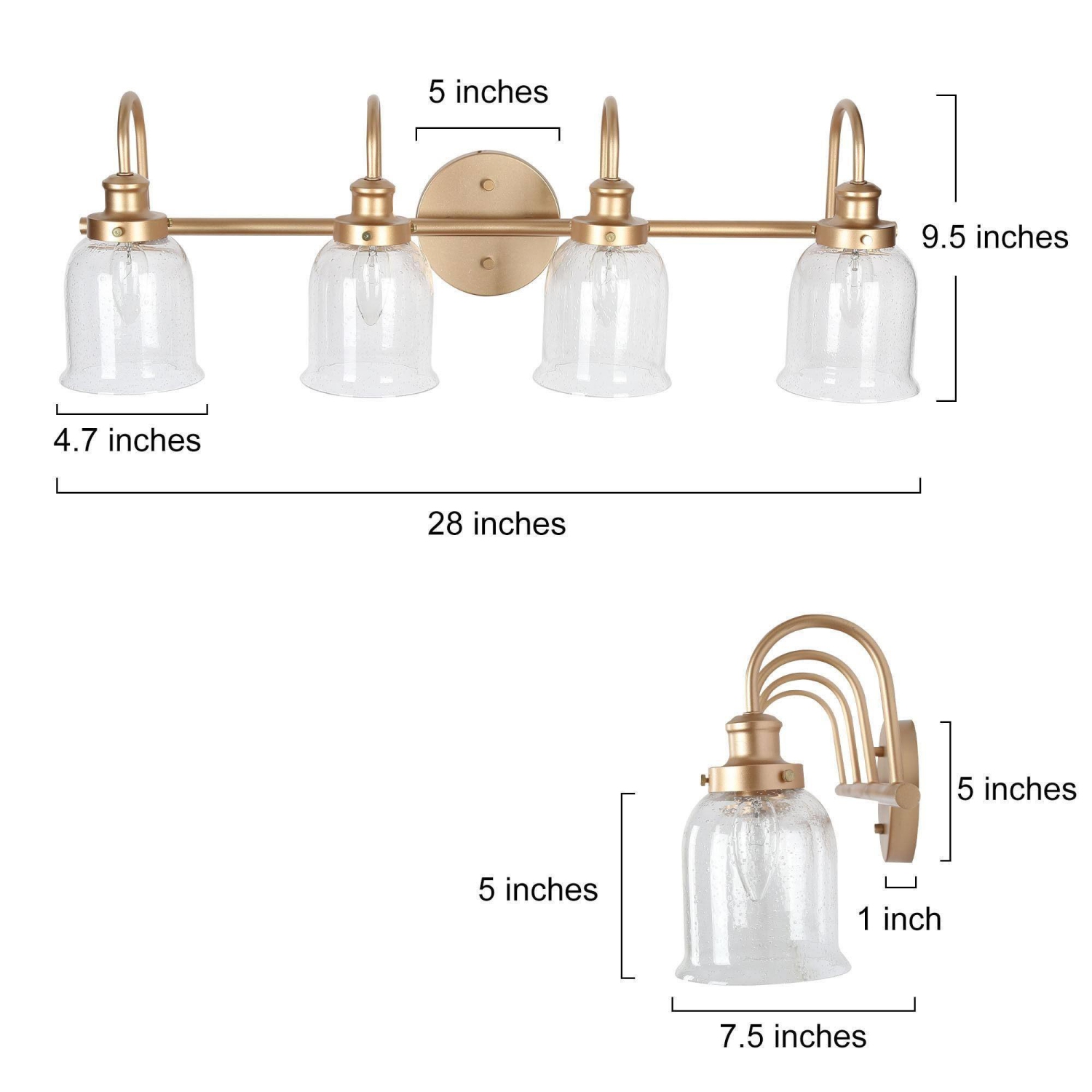 28.3 in. 4-Light Gold Vanity Light with Seeded Glass Shades