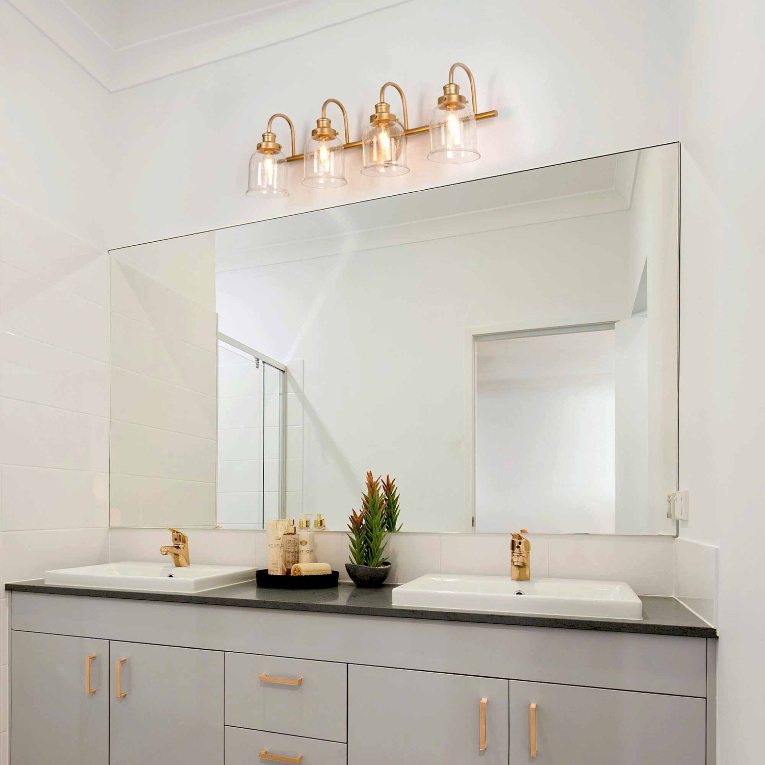 28.3 in. 4-Light Gold Vanity Light with Seeded Glass Shades