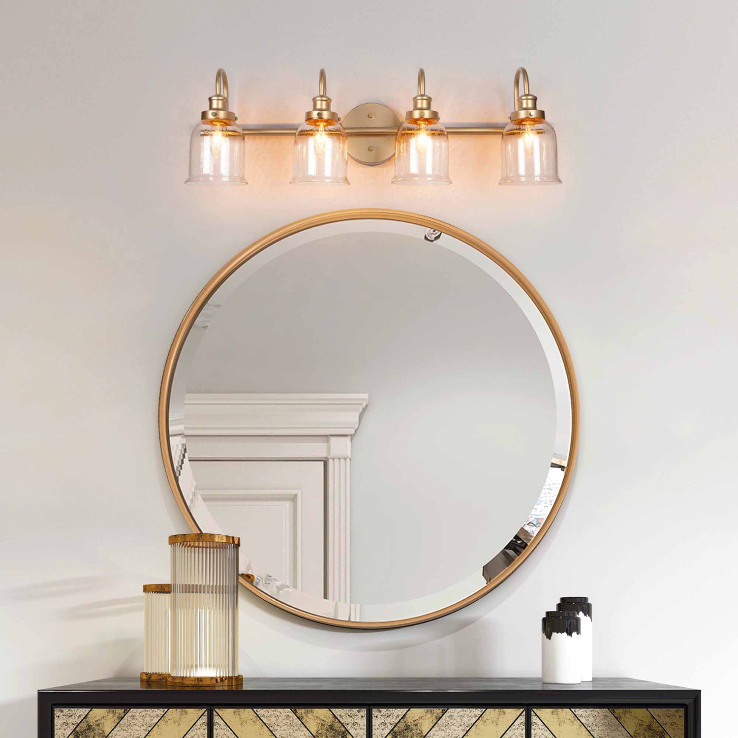 28.3 in. 4-Light Gold Vanity Light with Seeded Glass Shades