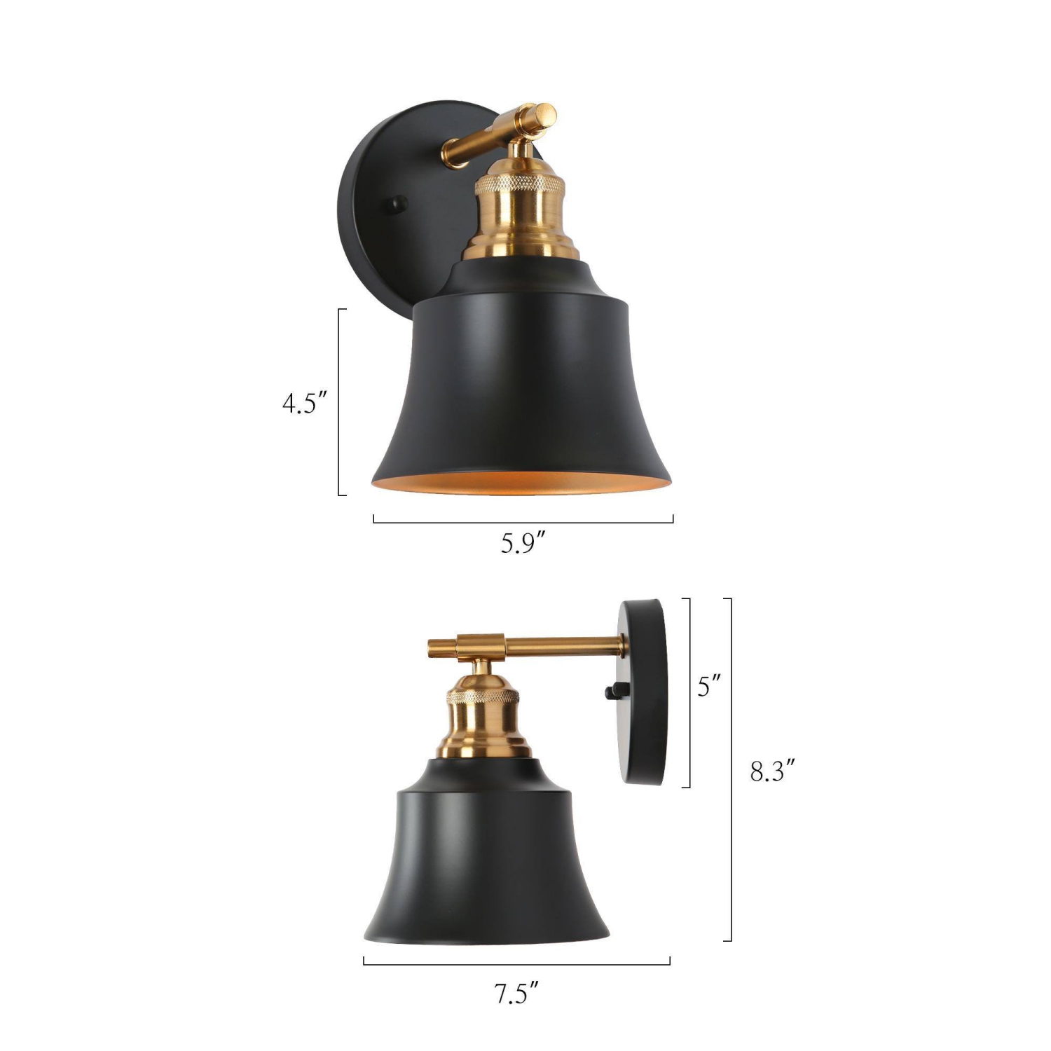 1-Light Black and Brass Wall Sconce with Metal Shade