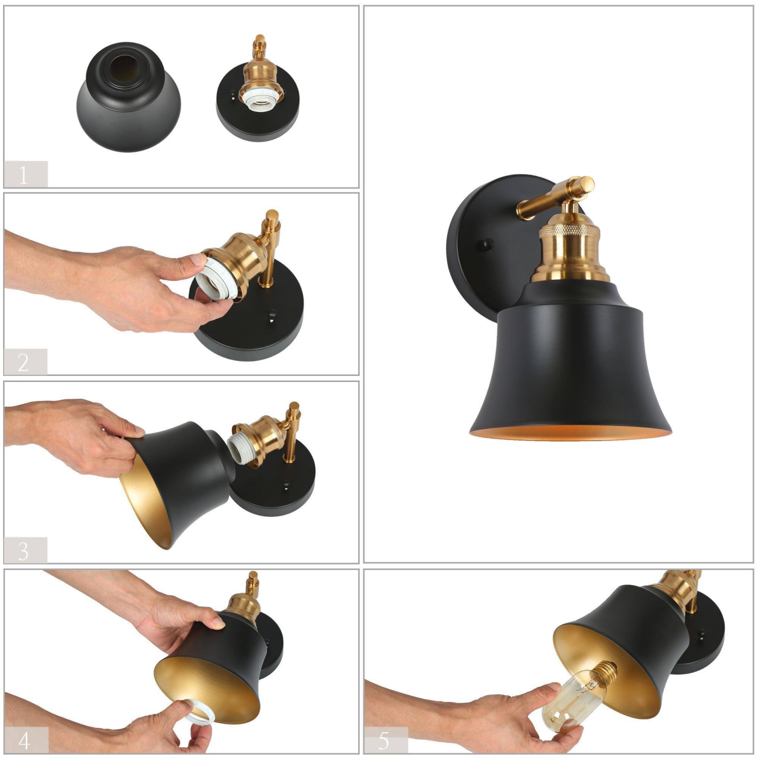 1-Light Black and Brass Wall Sconce with Metal Shade