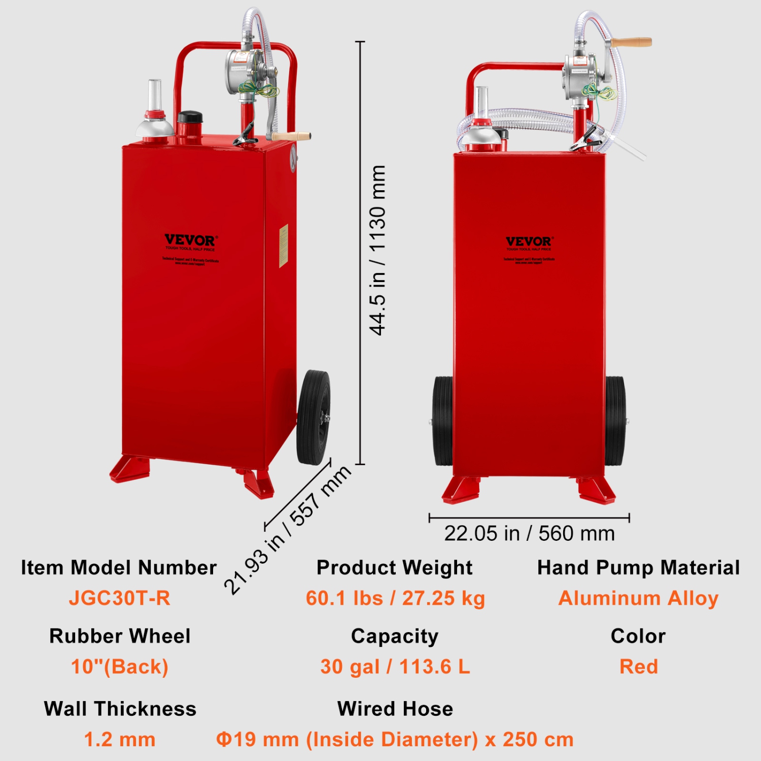 Panier à carburant VEVOR de 30 gallons, réservoir de stockage de gaz et 2 roues, avec pompe de transfert manuelle, contenant à essence diesel pour