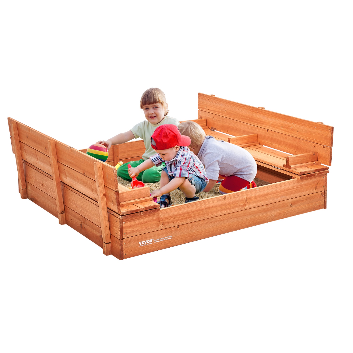 VEVOR 52.4 x 47.2 x 16.9 in Wooden Sandbox, Sand Pit with Foldable Bench Seats and Bottom Liner, Natural Wood Kids Sandbox for Outdoor Backyard,