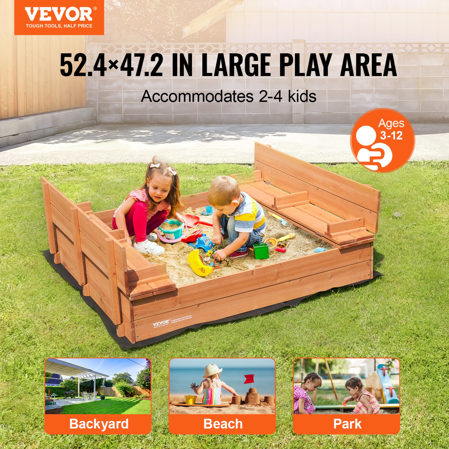 VEVOR 52.4 x 47.2 x 16.9 in Wooden Sandbox, Sand Pit with Foldable Bench Seats and Bottom Liner, Natural Wood Kids Sandbox for Outdoor Backyard,