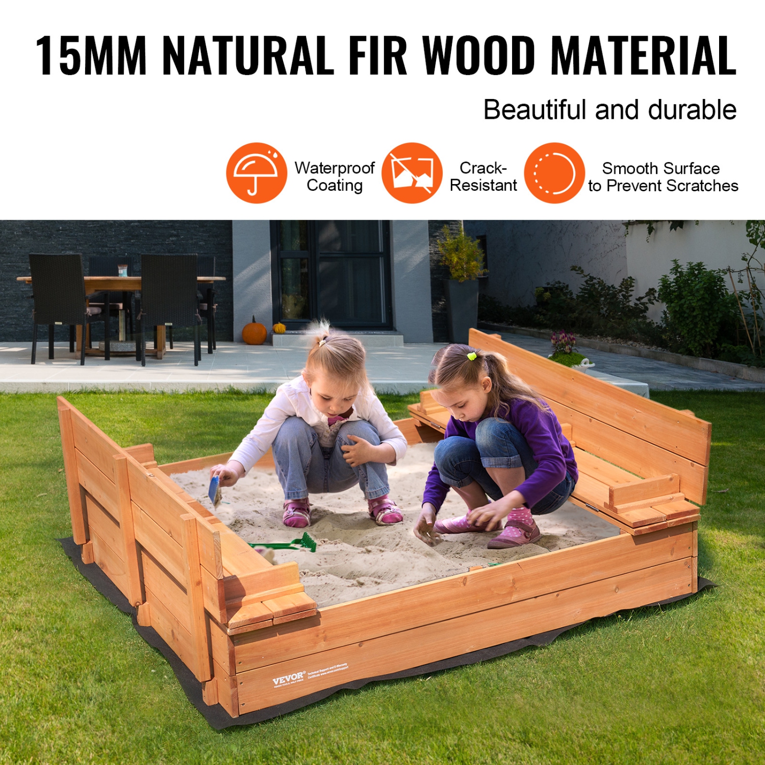 VEVOR 52.4 x 47.2 x 16.9 in Wooden Sandbox, Sand Pit with Foldable Bench Seats and Bottom Liner, Natural Wood Kids Sandbox for Outdoor Backyard,