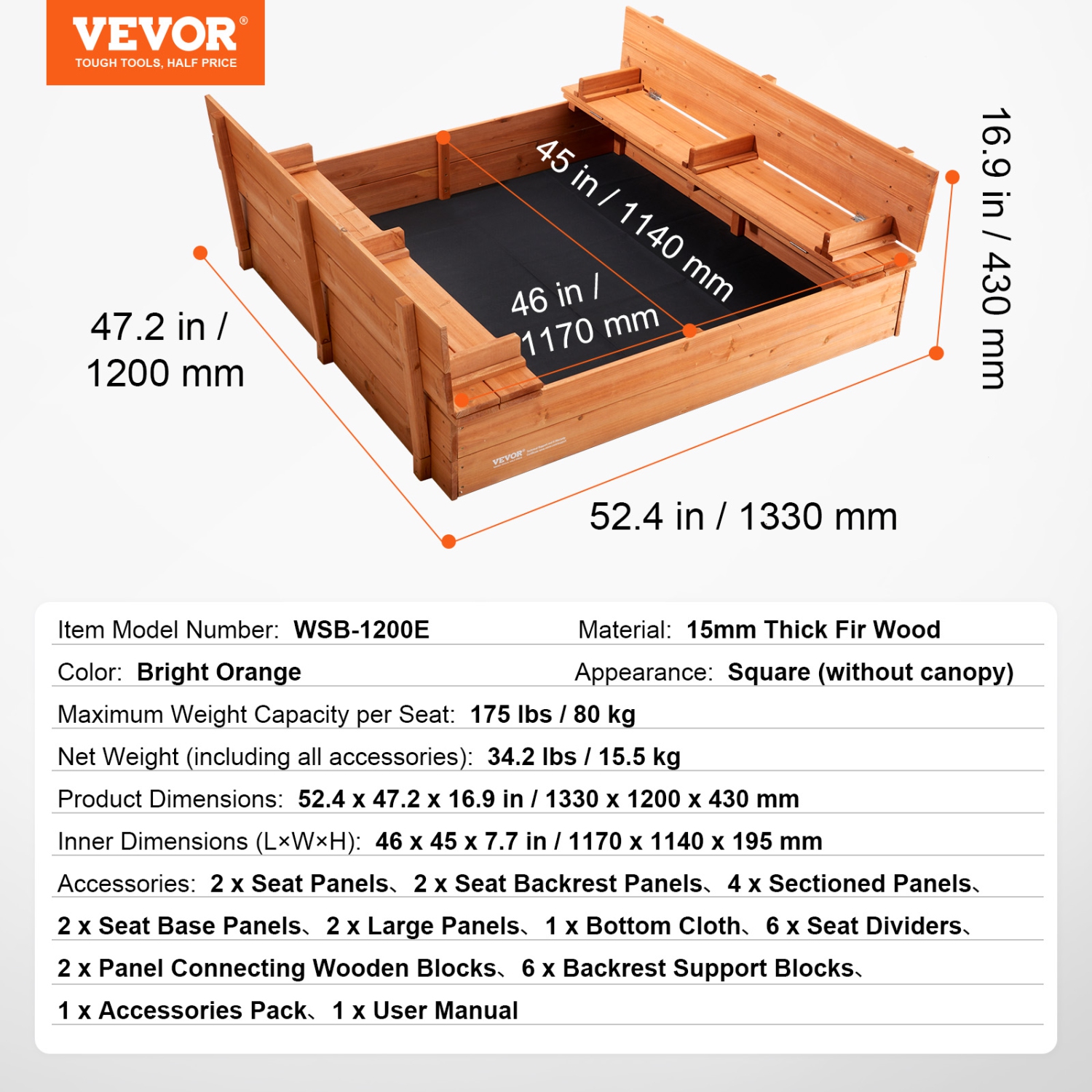VEVOR 52.4 x 47.2 x 16.9 in Wooden Sandbox, Sand Pit with Foldable Bench Seats and Bottom Liner, Natural Wood Kids Sandbox for Outdoor Backyard,