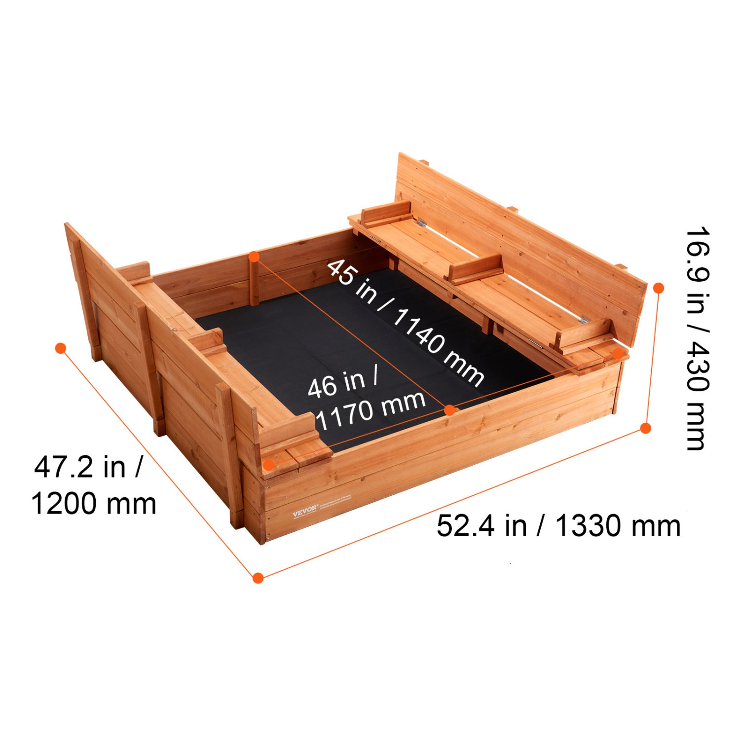 VEVOR 52.4 x 47.2 x 16.9 in Wooden Sandbox, Sand Pit with Foldable Bench Seats and Bottom Liner, Natural Wood Kids Sandbox for Outdoor Backyard,
