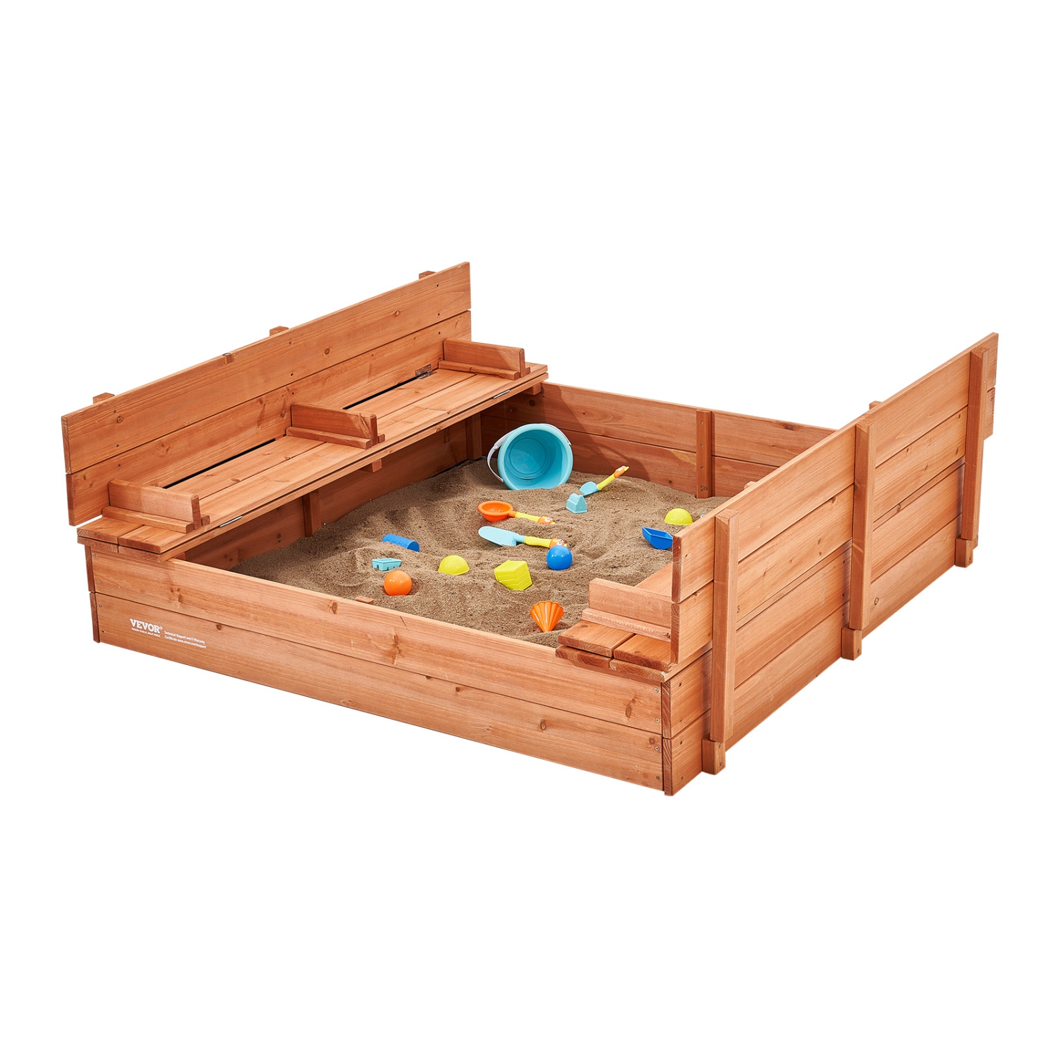 VEVOR 52.4 x 47.2 x 16.9 in Wooden Sandbox, Sand Pit with Foldable Bench Seats and Bottom Liner, Natural Wood Kids Sandbox for Outdoor Backyard,