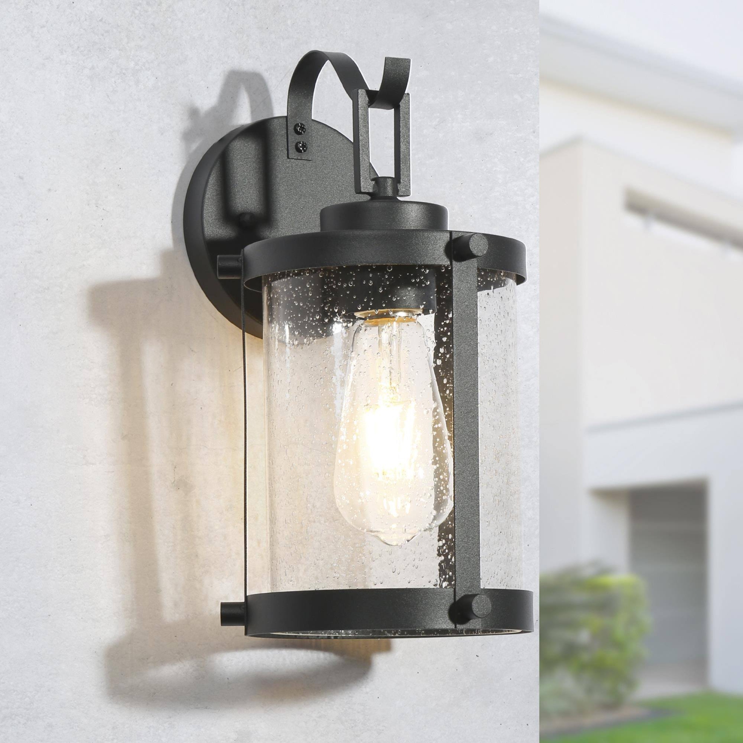 Industrial 1-Light Black Outdoor Wall Light with Seeded Glass Shade