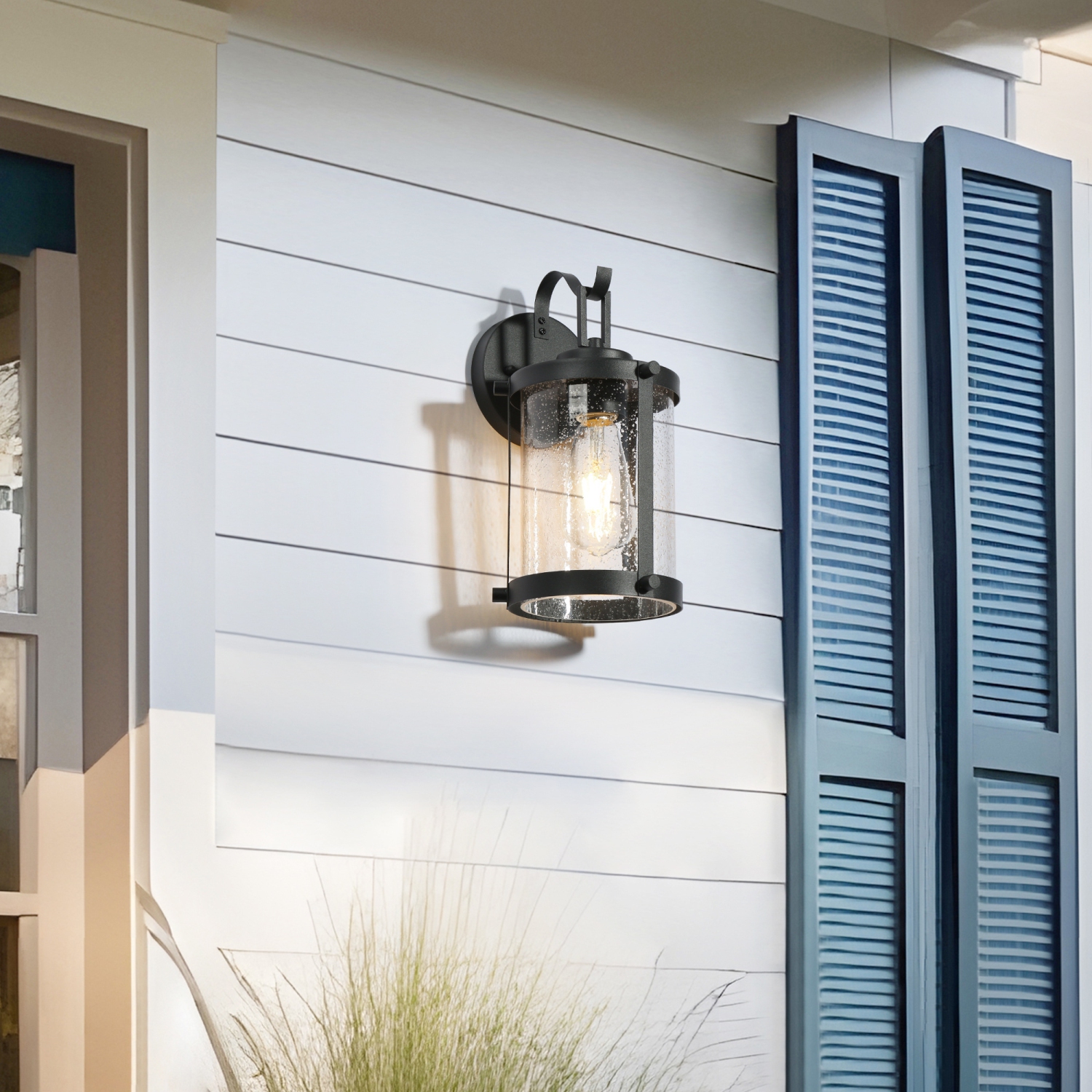 Industrial 1-Light Black Outdoor Wall Light with Seeded Glass Shade