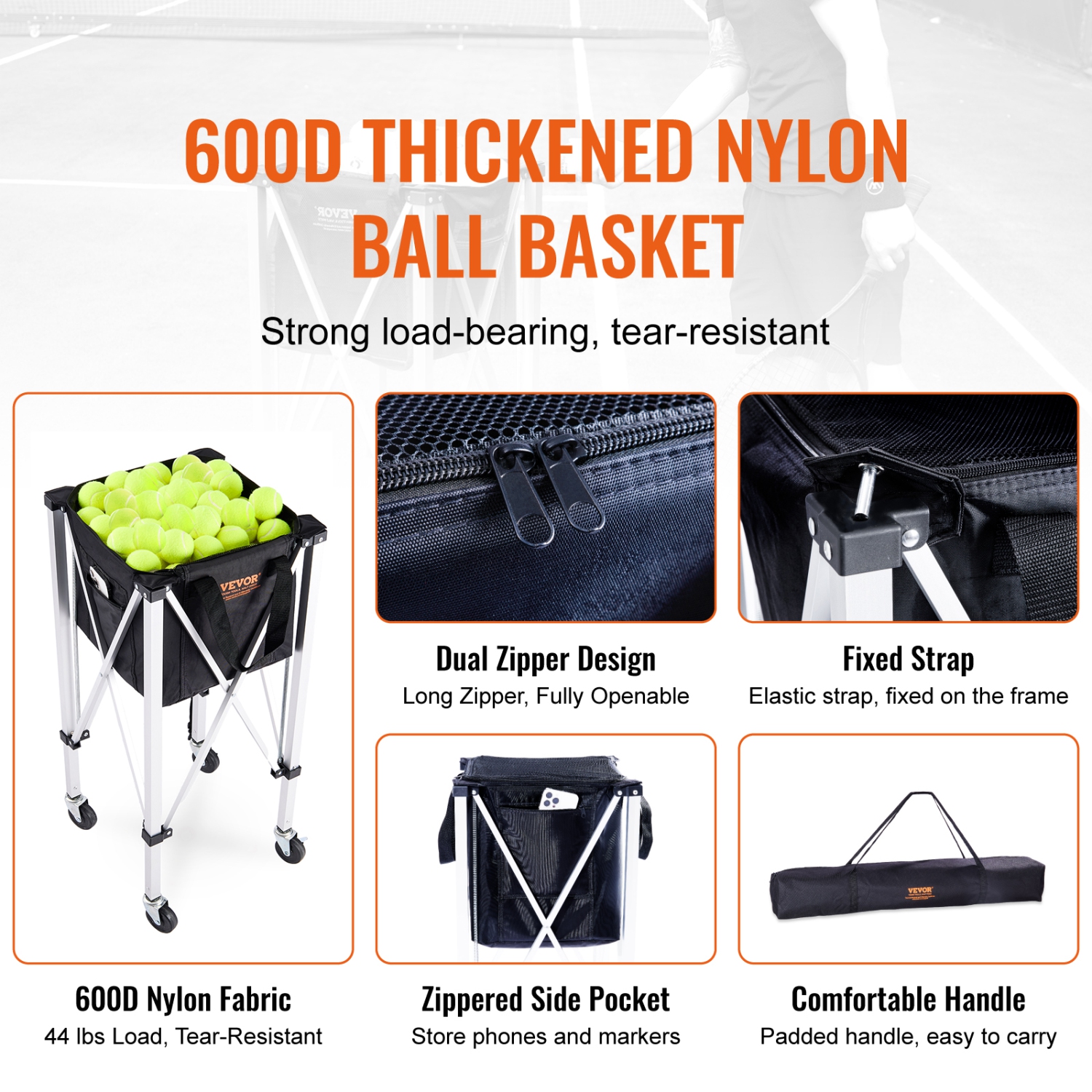 VEVOR Foldable Tennis Ball Hopper, Holds 180 Tennis Balls, Lightweight Aluminum Alloy Tennis Ball Basket Cart with Wheels, Removable Bag, Carry Bag,