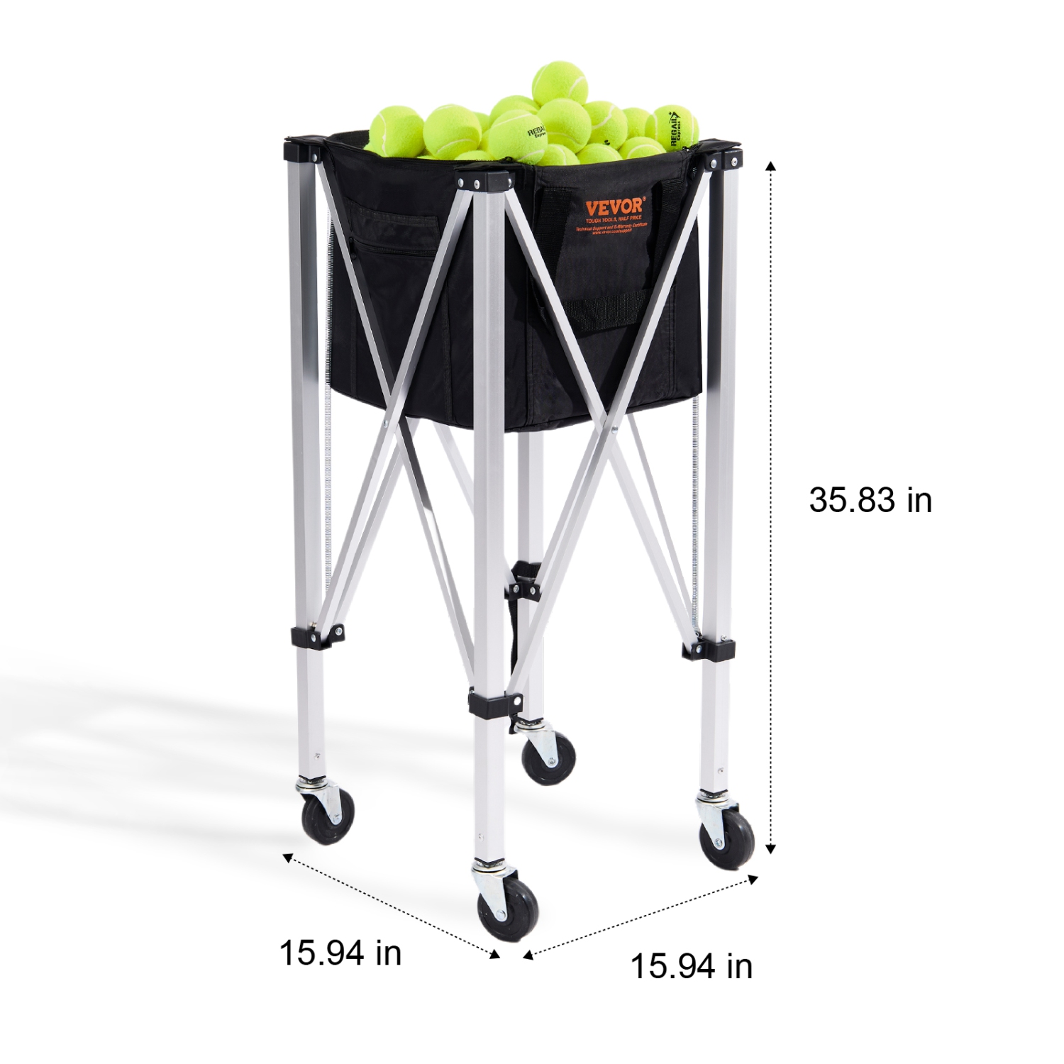 VEVOR Foldable Tennis Ball Hopper, Holds 180 Tennis Balls, Lightweight Aluminum Alloy Tennis Ball Basket Cart with Wheels, Removable Bag, Carry Bag,