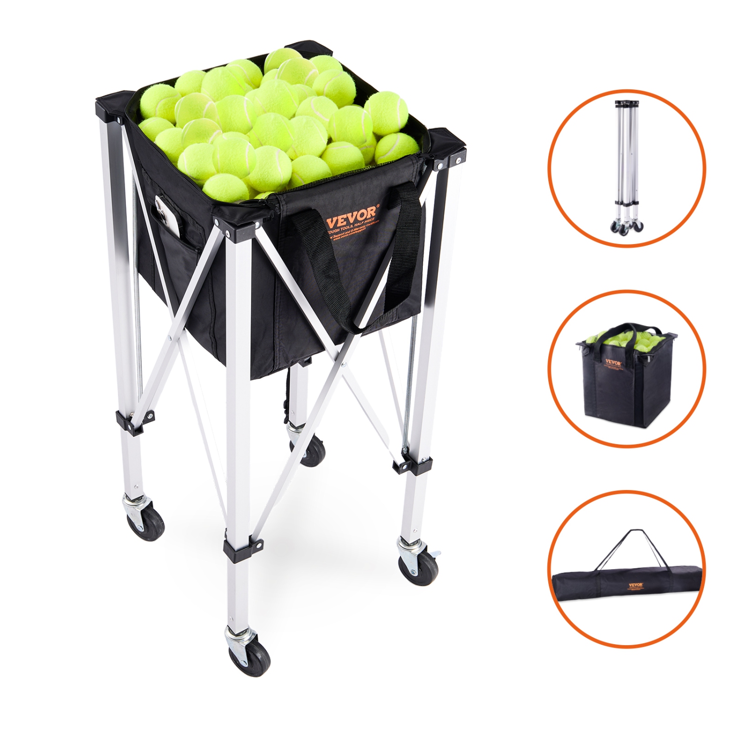 VEVOR Foldable Tennis Ball Hopper, Holds 180 Tennis Balls, Lightweight Aluminum Alloy Tennis Ball Basket Cart with Wheels, Removable Bag, Carry Bag,