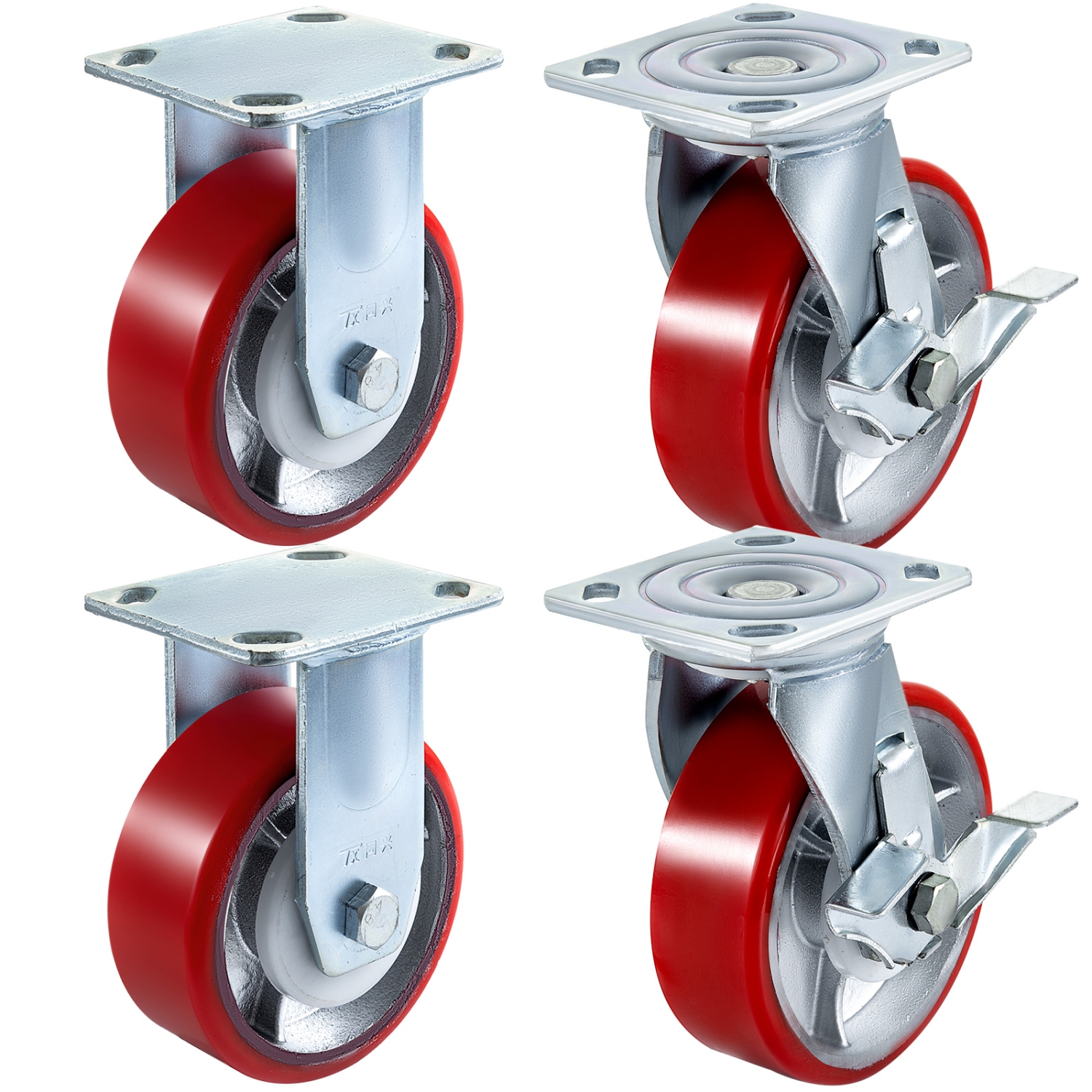 VEVOR 4 Pack 6 x 2 Inch Caster Wheels 2 Rigid and 2 Swivel Casters with Side Brake Polyurethane Iron Core Plate 1000LBS Capacity Per Wheel
