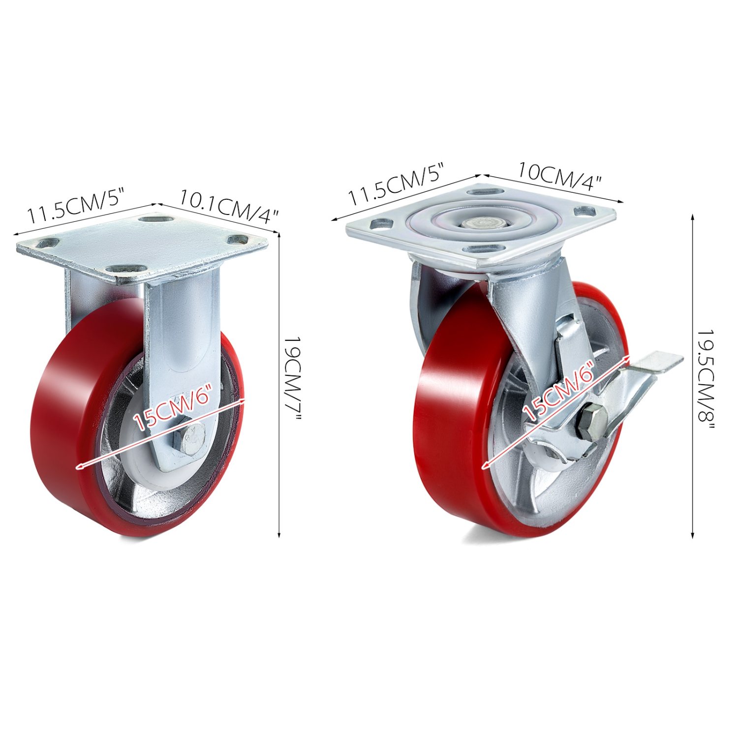 VEVOR 4 Pack 6 x 2 Inch Caster Wheels 2 Rigid and 2 Swivel Casters with Side Brake Polyurethane Iron Core Plate 1000LBS Capacity Per Wheel