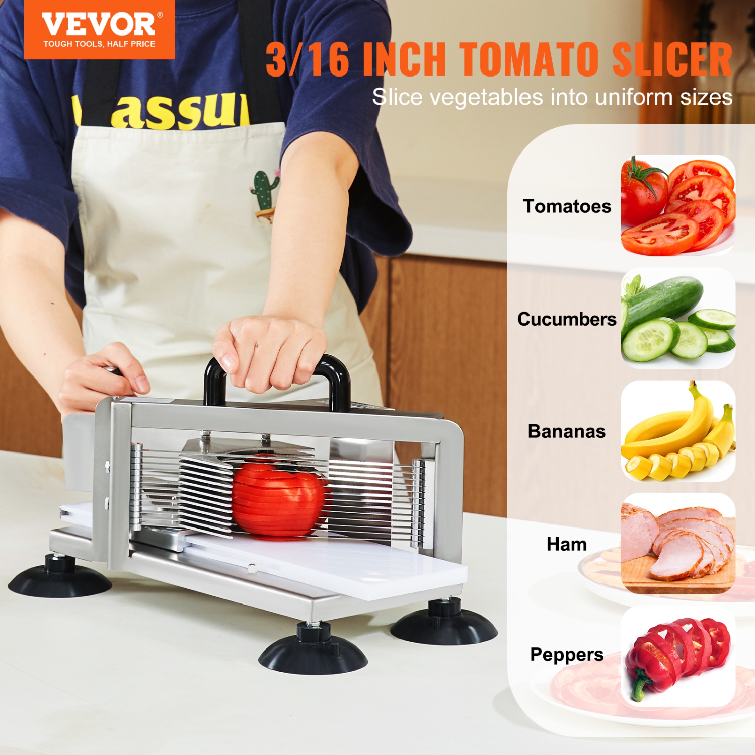VEVOR 3/16 inch Commercial Tomato Slicer, Tomato Cutter Slicer, Stainless Steel Heavy Duty Tomato Slicer Machine, Manual Tomato Slicer with Non-slip
