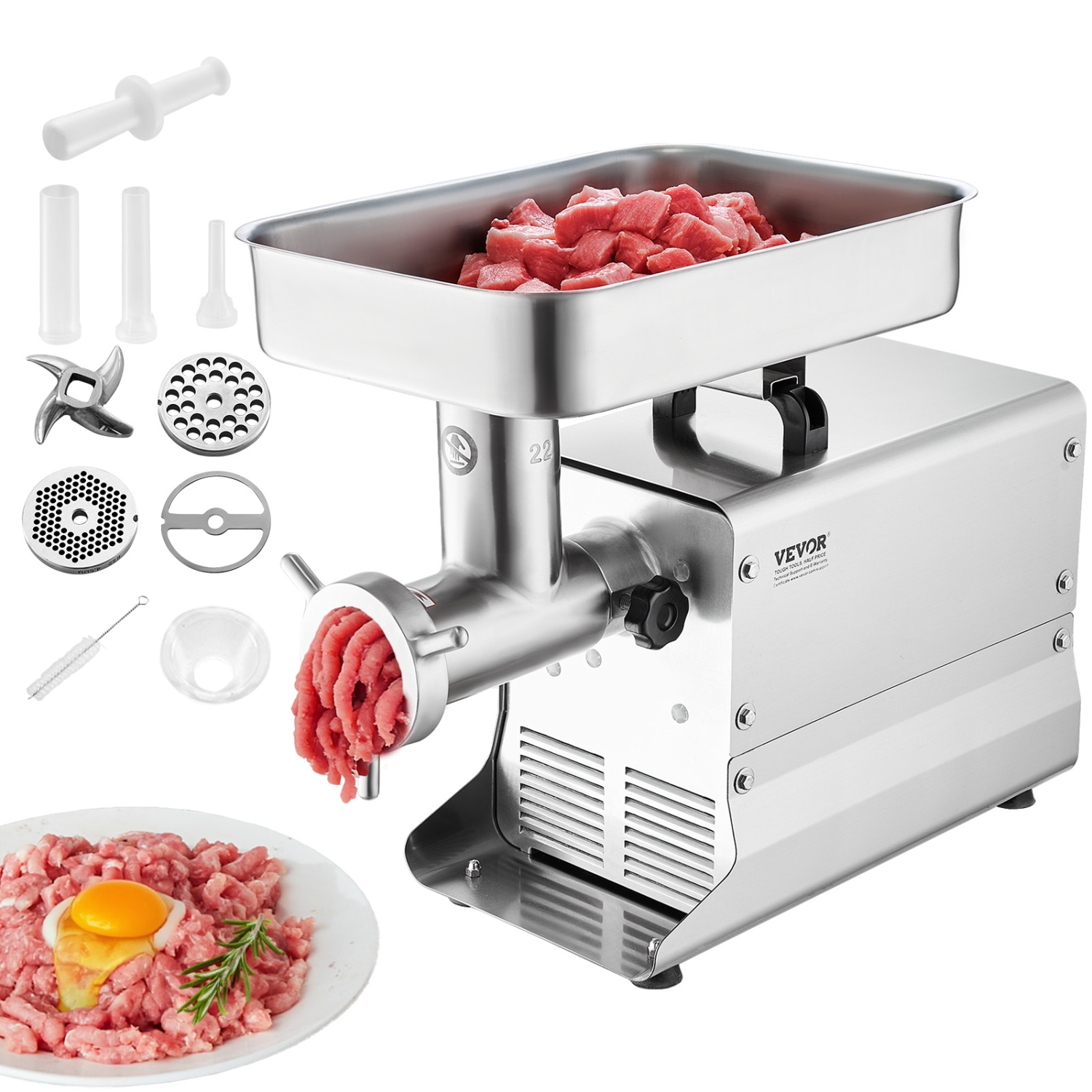 VEVOR Meat Grinder, 13 Lbs/Min Capacity Electric Meat Grinders with Blade, Grinding Plate, Sausage Maker, Stainless Steel Commercial Meat Mincer for