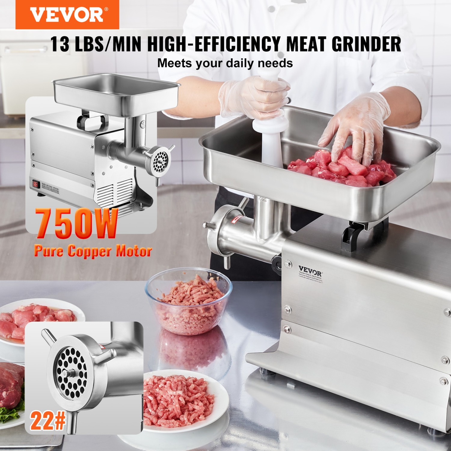 VEVOR Meat Grinder, 13 Lbs/Min Capacity Electric Meat Grinders with Blade, Grinding Plate, Sausage Maker, Stainless Steel Commercial Meat Mincer for
