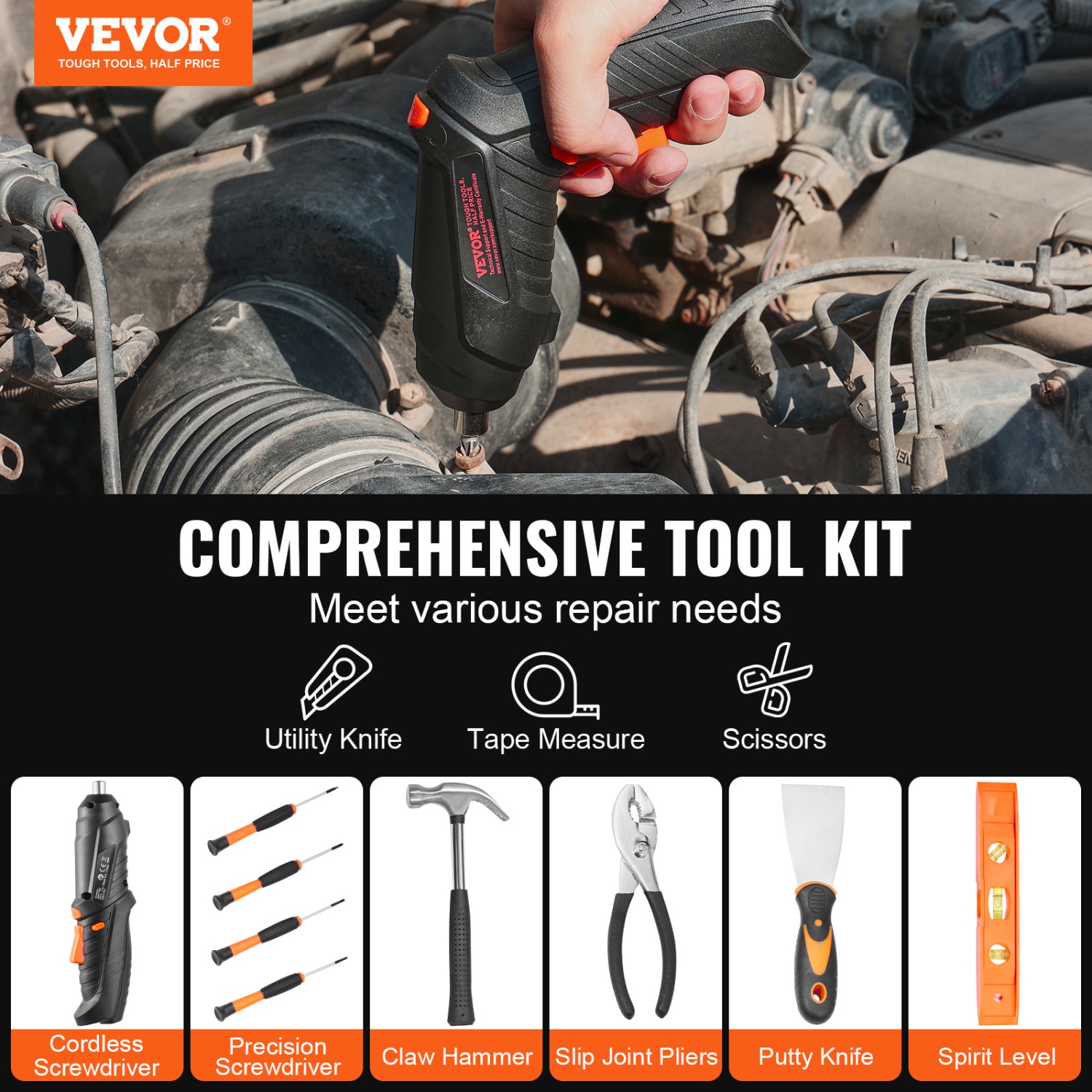 VEVOR 96 Piece Tool Kit, General Household Hand Tool Set, with Cordless Screwdriver and Portable Tool Storage Case, High-Quality Steel, for Home
