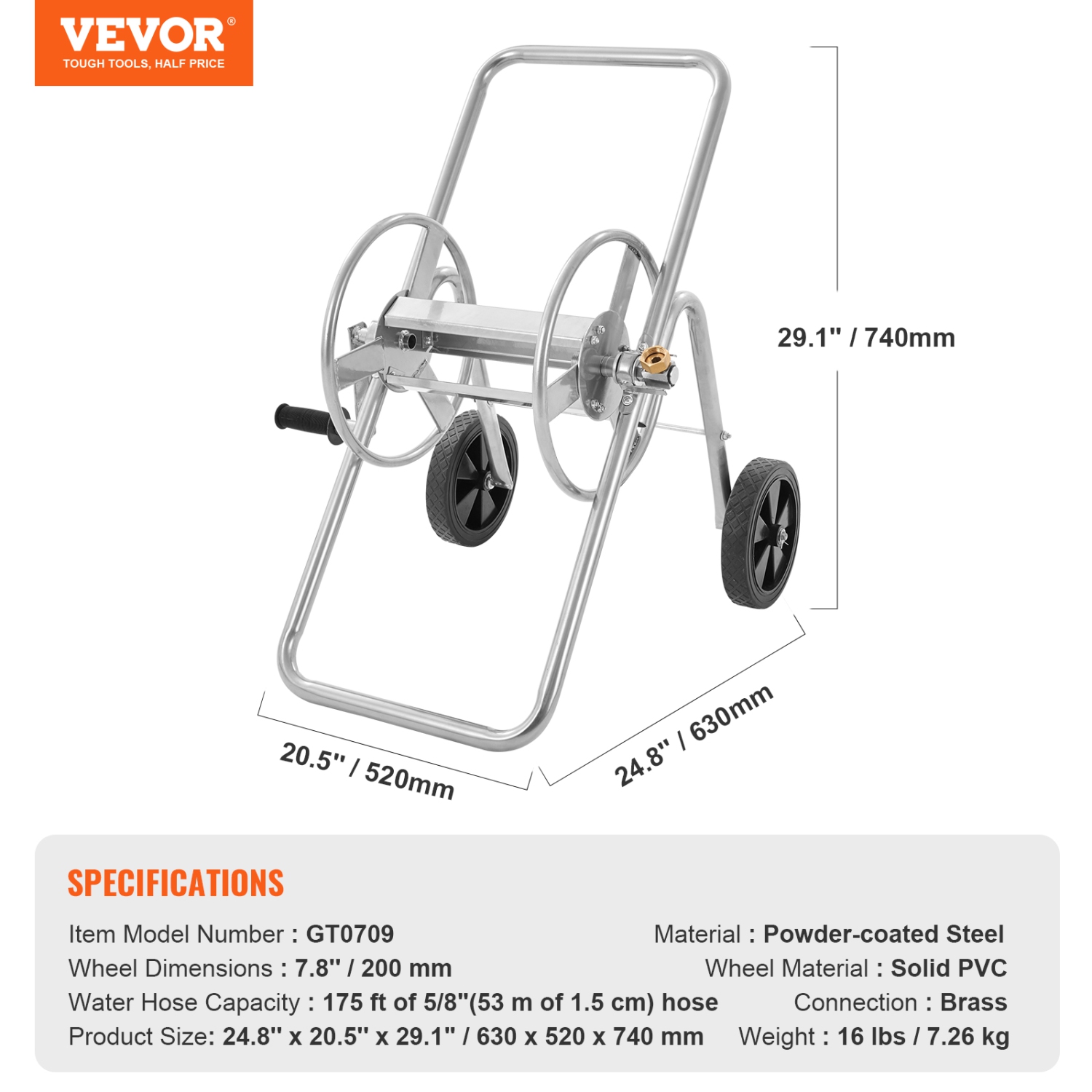 Dévidoir de boyau VEVOR 175&nbsp;pi of 5/8'', chariots de boyau d'eau mobiles avec roues, revêtement extérieur en acier thermolaqué robuste pour le