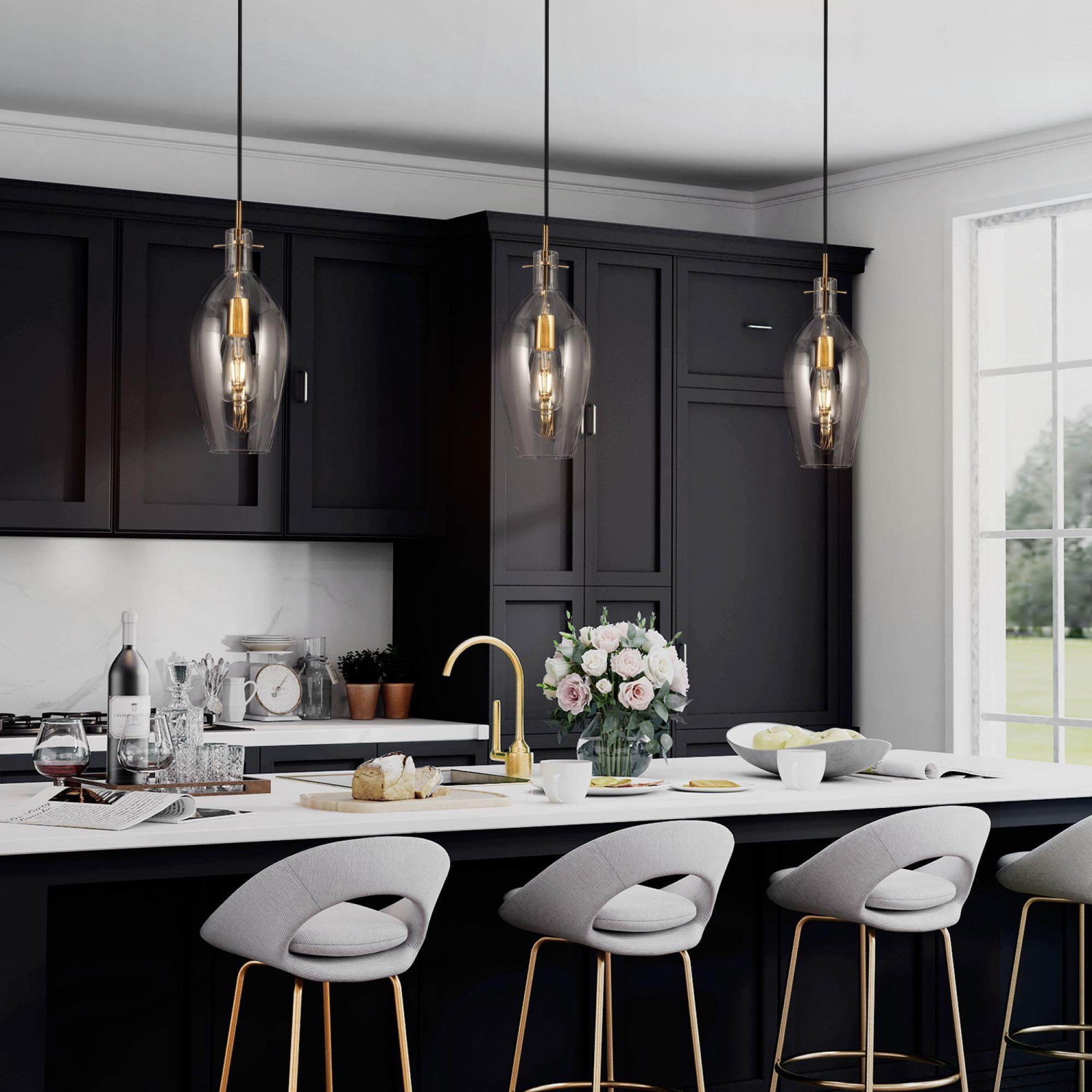 Luminaire suspendu en îlot de cuisine doré à 1 lumières avec abat-jour en verre transparent