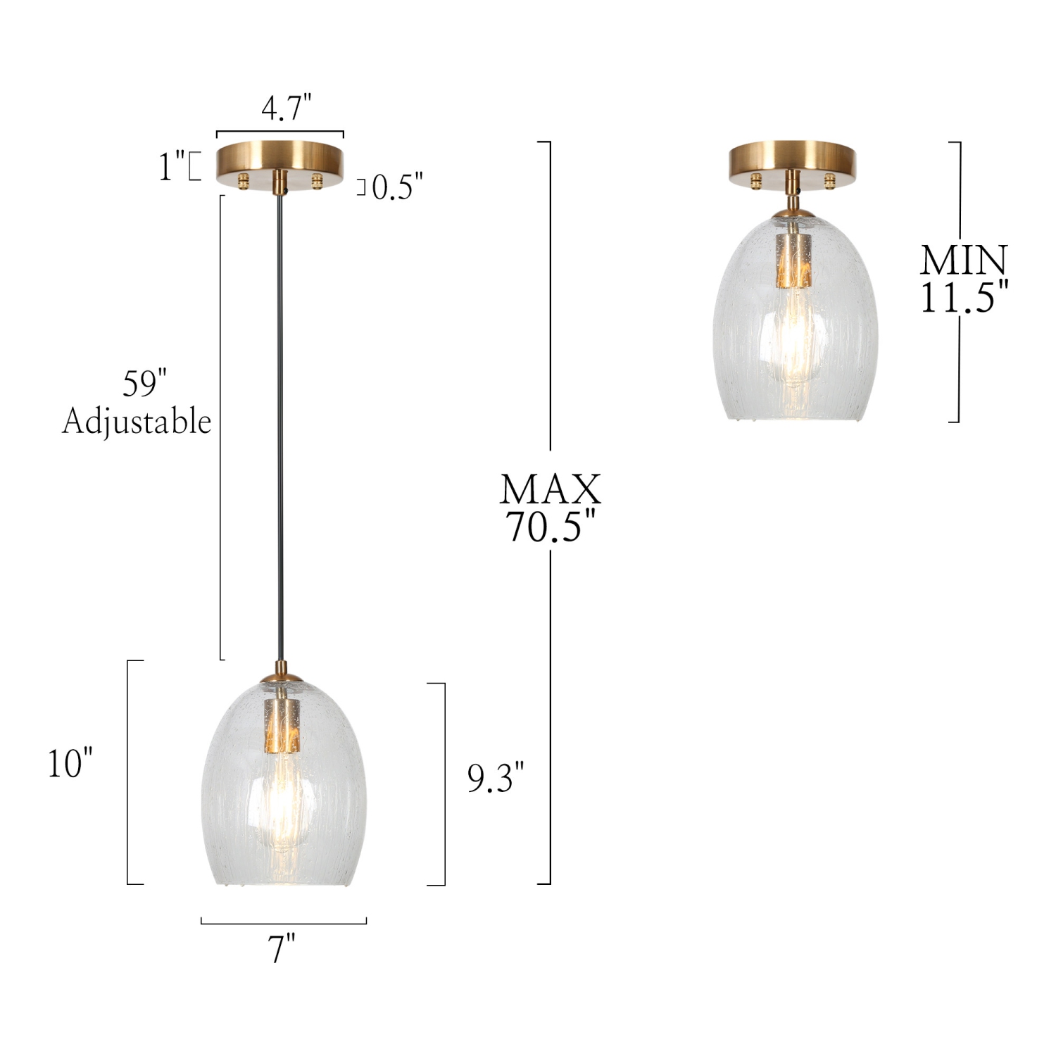 1-Light Brass Kitchen Island Pendant Light with Seeded Glass Shade