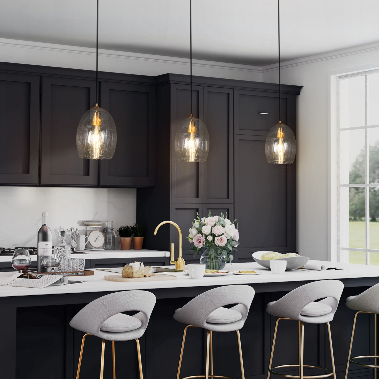 1-Light Brass Kitchen Island Pendant Light with Seeded Glass Shade