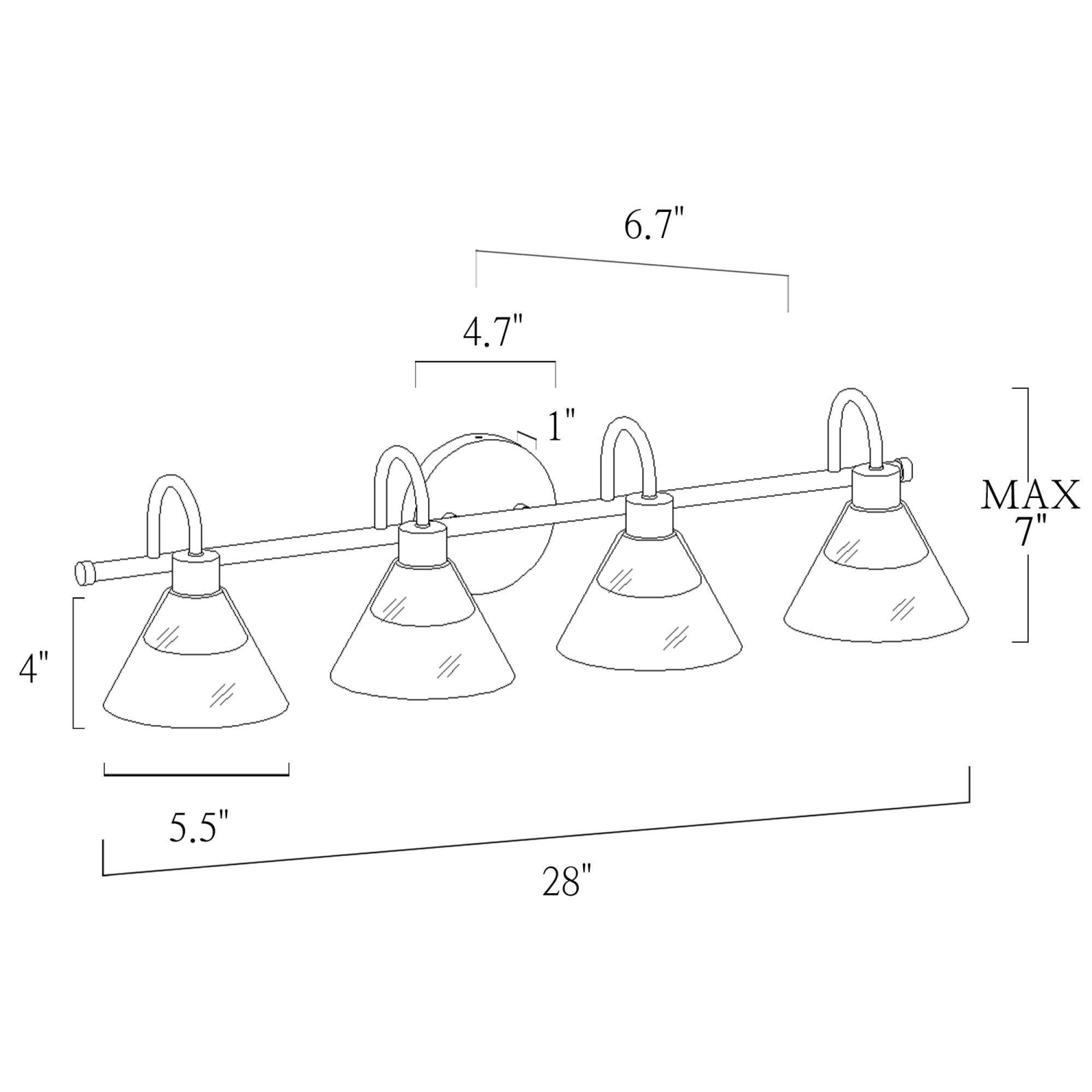 Applique de salle de bain à 4 lumières, noir et laiton, abat-jour en verre transparent