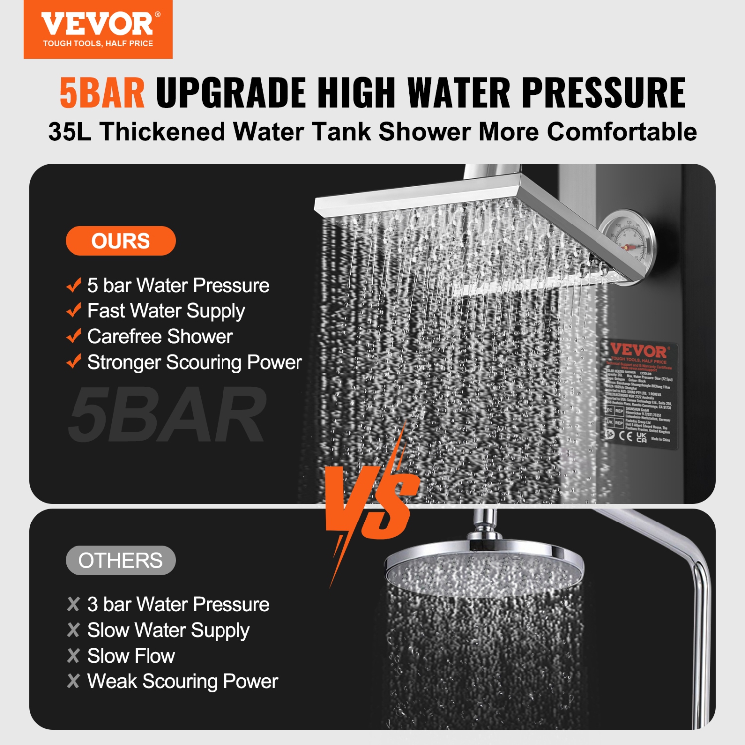 VEVOR 9.25 Gallon Outdoor Solar Heated Shower, Poolside Shower Kit with Shower Head and Foot Shower Tap, Double Buckle W/ Pre-Drilled Holes for