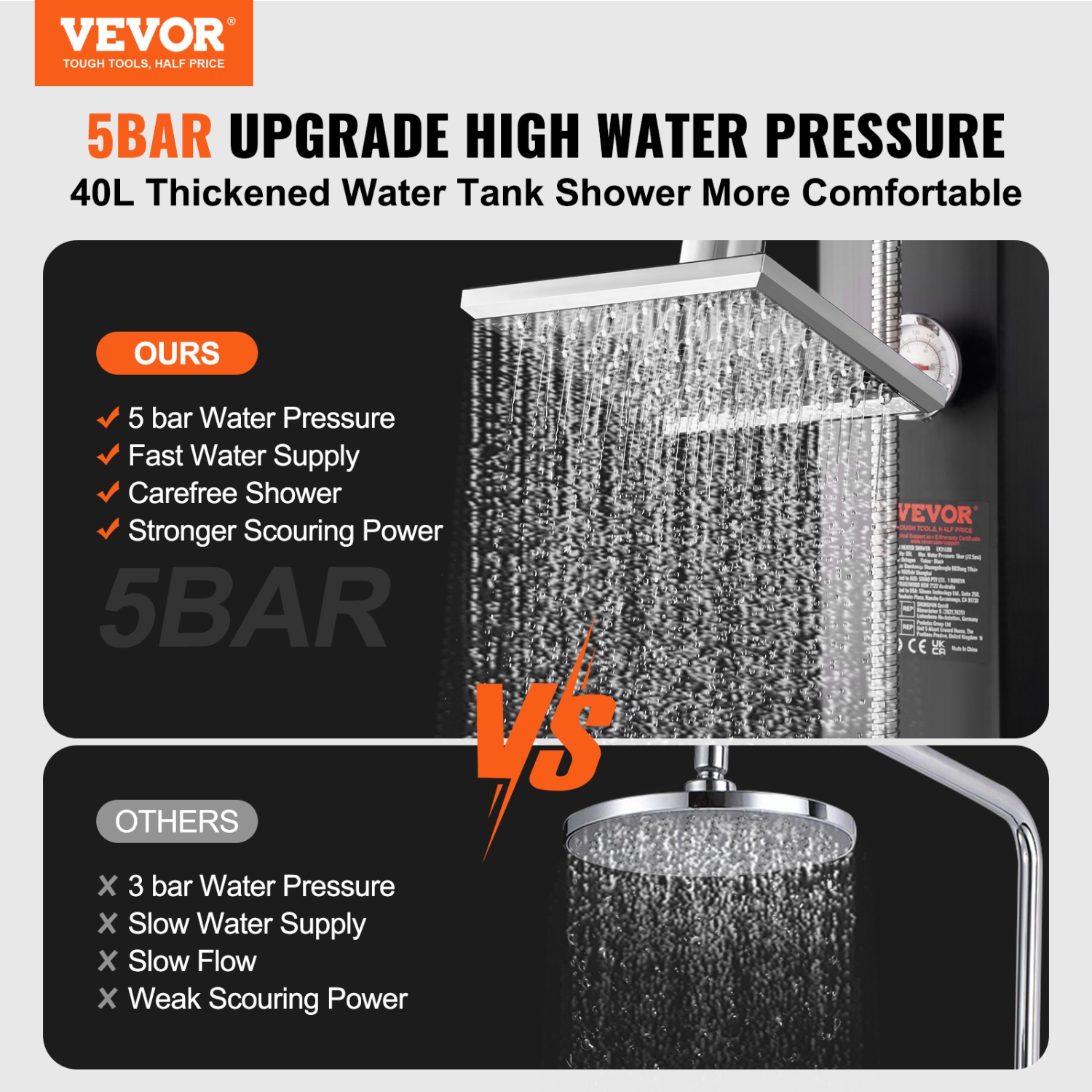 VEVOR 10.57 Gallon Outdoor Solar Heated Shower, Poolside Shower Kit with 2 Shower Head and Foot Shower Tap, Handheld/Hanging Two Modes for Outdoor