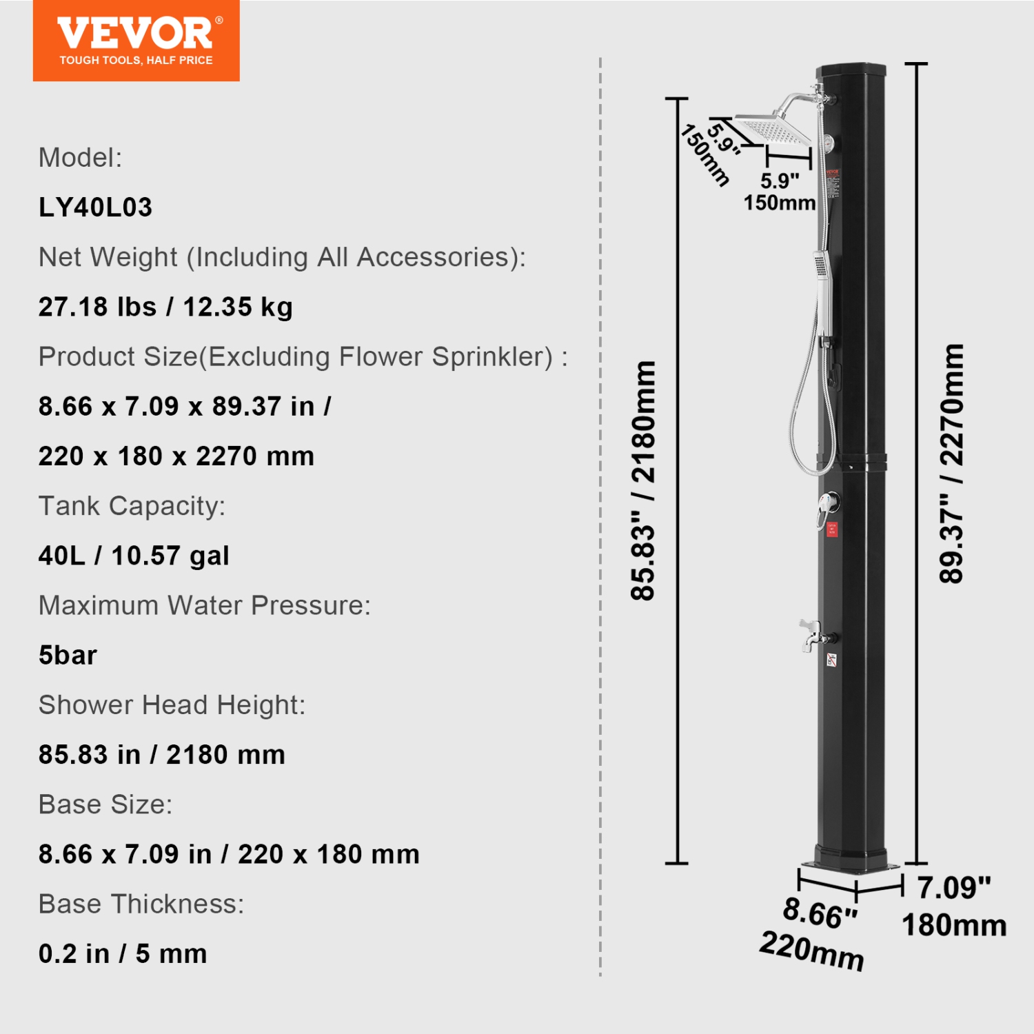 VEVOR 10.57 Gallon Outdoor Solar Heated Shower, Poolside Shower Kit with 2 Shower Head and Foot Shower Tap, Handheld/Hanging Two Modes for Outdoor