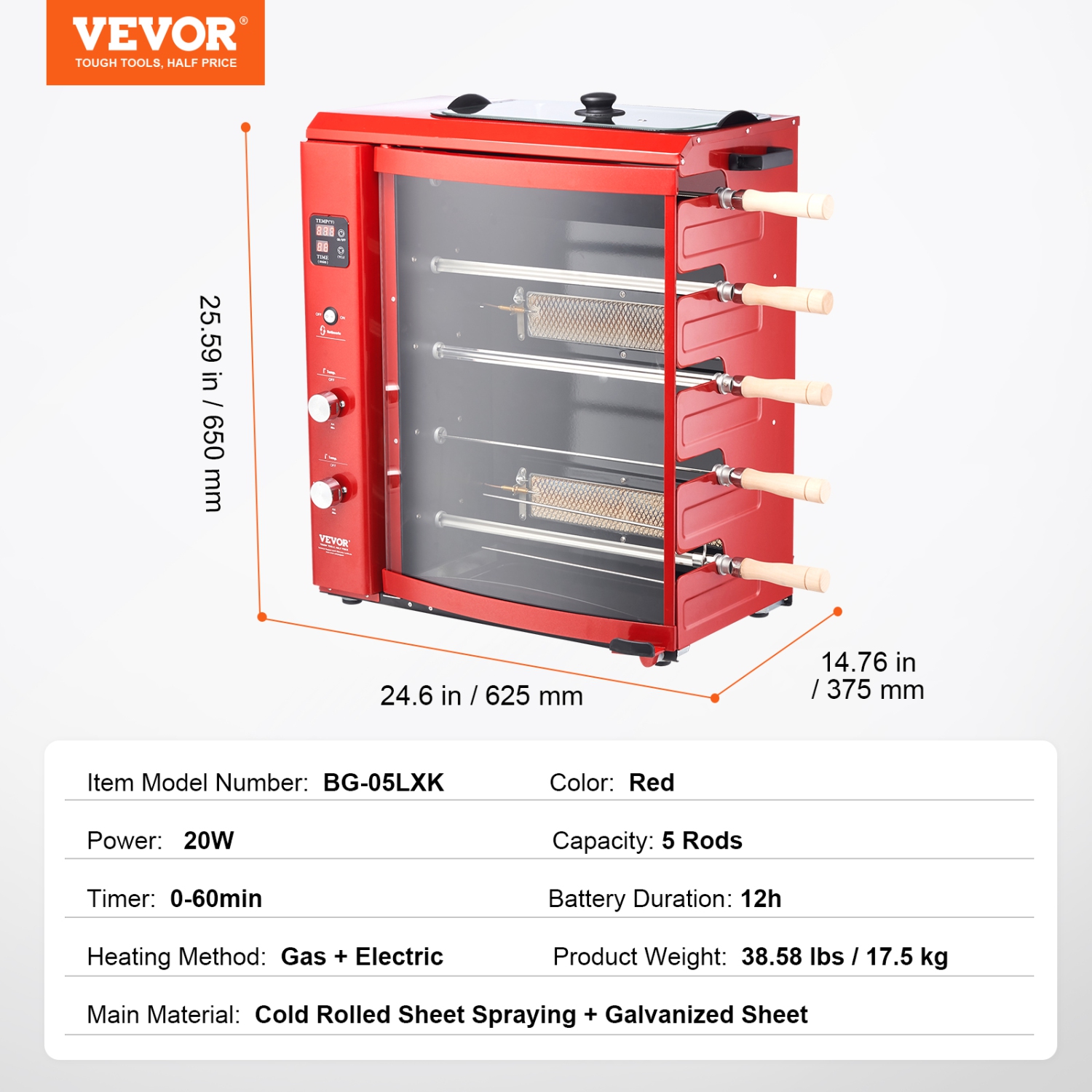 VEVOR 5 Shawarma Grill Machine, Strings of Barbecue Capacity, Chicken Shawarma Cooker Machine,Broiler Gyro Rotisserie Oven Doner Kebab Machine, for