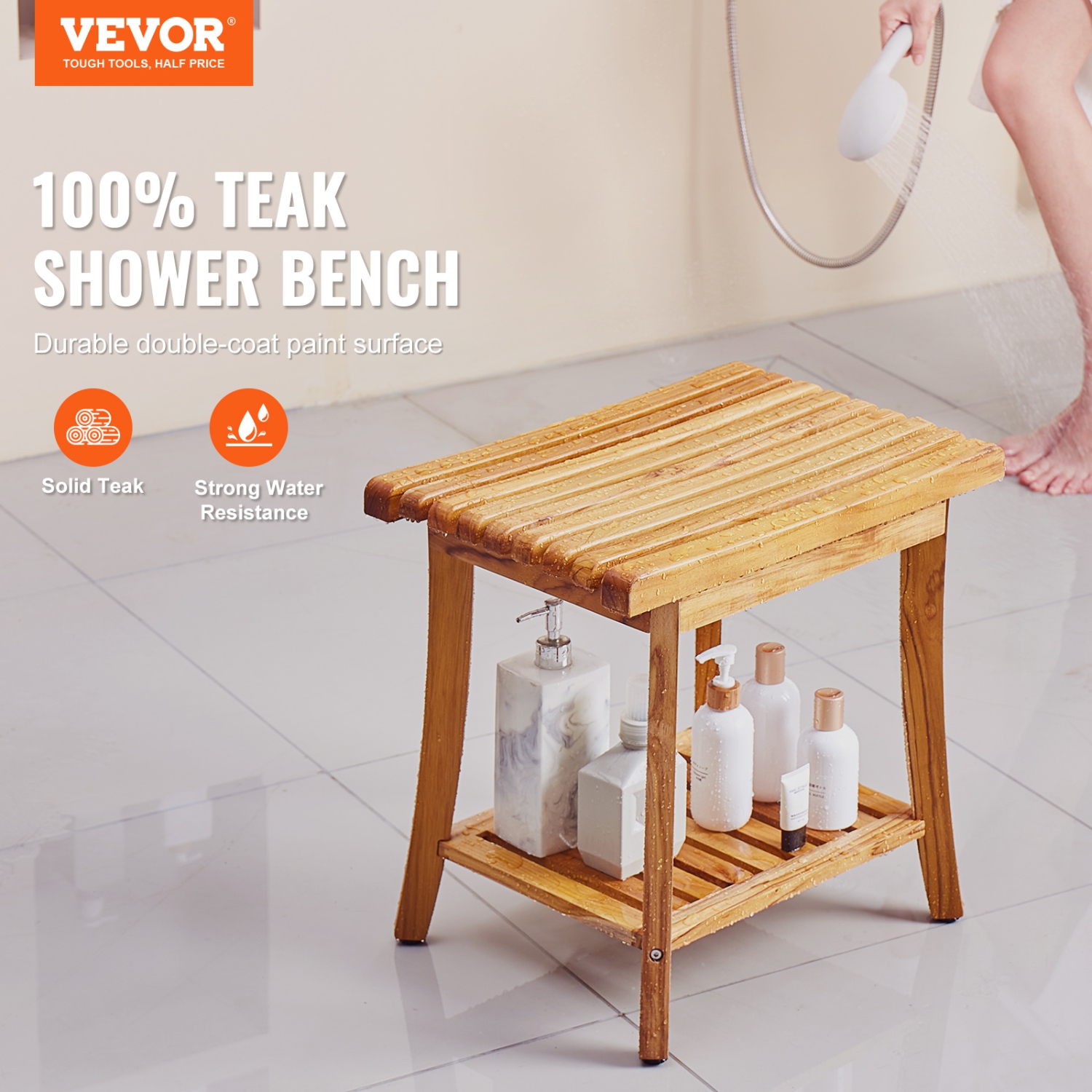 VEVOR 20 x 14.3 x 17.9 in Teak Shower Bench, Waterproof Wood Shower Stool with Storage Shelf Non-Slip Foot Pads, 400 lbs Maximum Load Capacity Shower