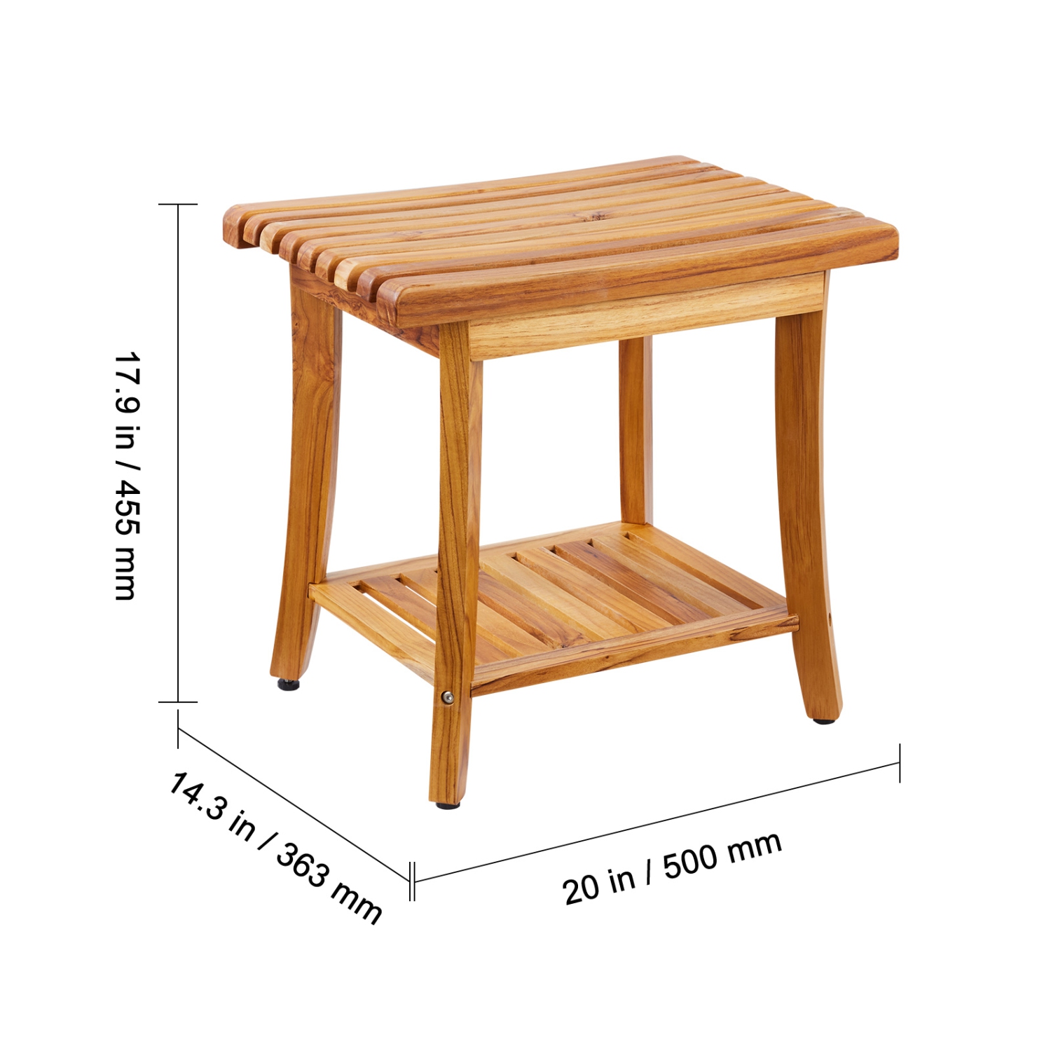 VEVOR 20 x 14.3 x 17.9 in Teak Shower Bench, Waterproof Wood Shower Stool with Storage Shelf Non-Slip Foot Pads, 400 lbs Maximum Load Capacity Shower