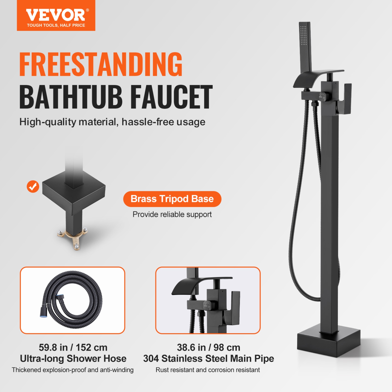 VEVOR 360° Freestanding Bathtub Faucet, Floor Mount, Freestanding Tub Filler, Shower Mixer Taps, Two Water Modes, Swivel Spout, for Bathing &