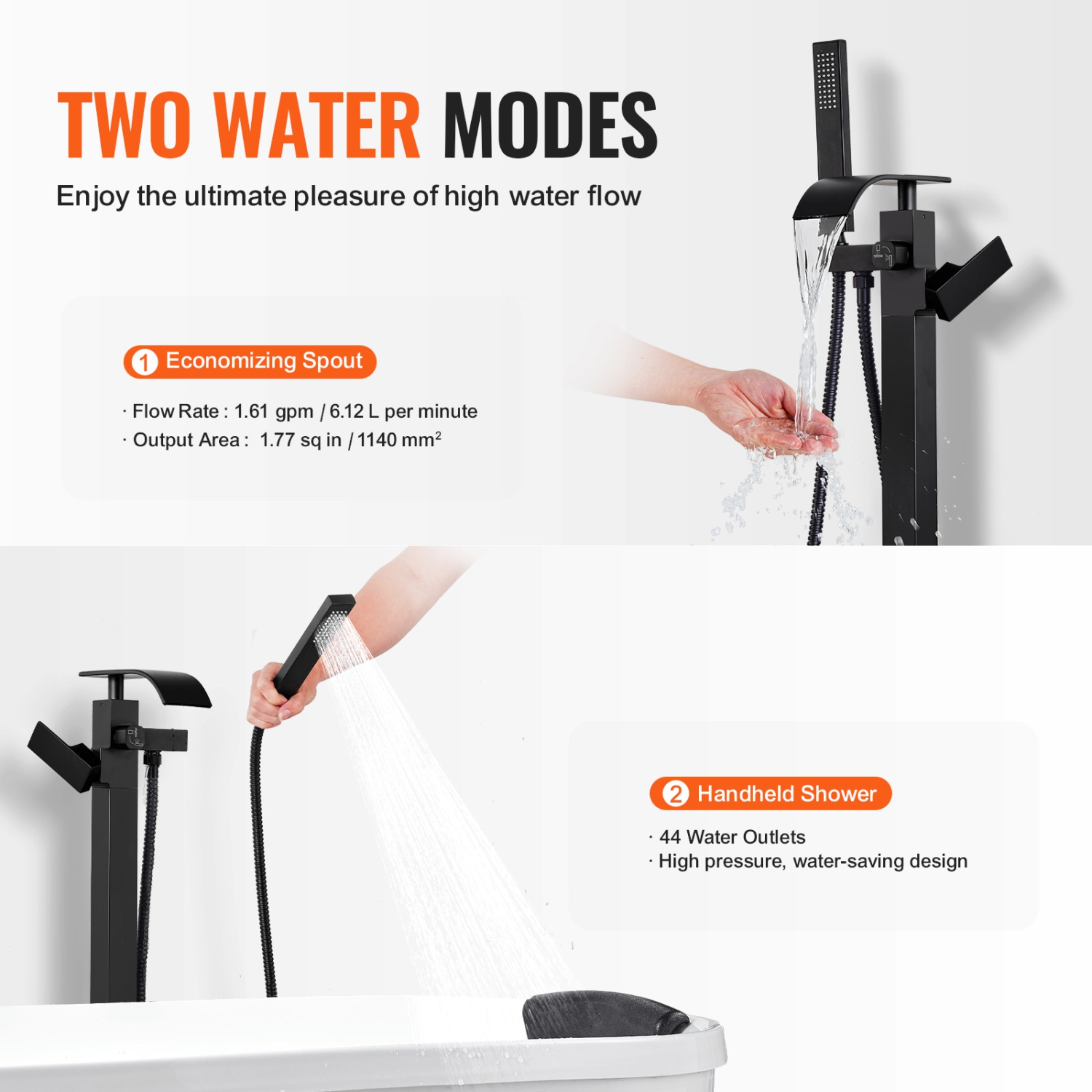 VEVOR 360° Freestanding Bathtub Faucet, Floor Mount, Freestanding Tub Filler, Shower Mixer Taps, Two Water Modes, Swivel Spout, for Bathing &