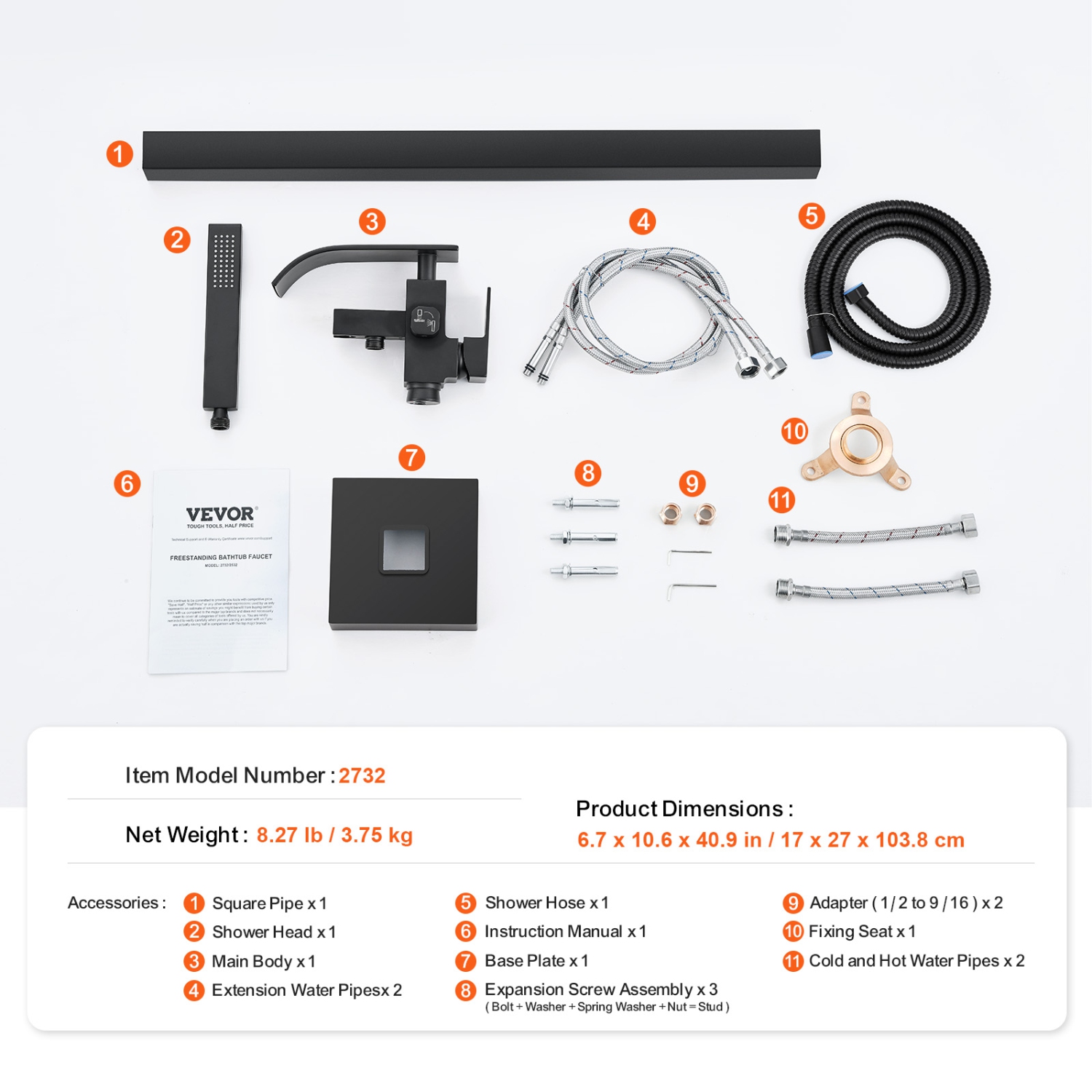 VEVOR 360° Freestanding Bathtub Faucet, Floor Mount, Freestanding Tub Filler, Shower Mixer Taps, Two Water Modes, Swivel Spout, for Bathing &