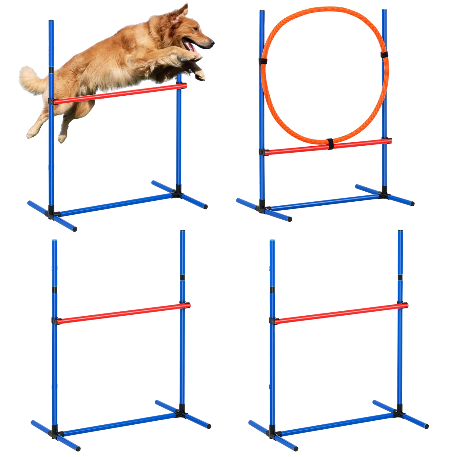 VEVOR 4 Dog Agility Training Equipment,PCS Set - Adjustable High Hurdles and Jump Ring, Puppy Obstacle Course Jump Starter Kit with Poles Storage Bag