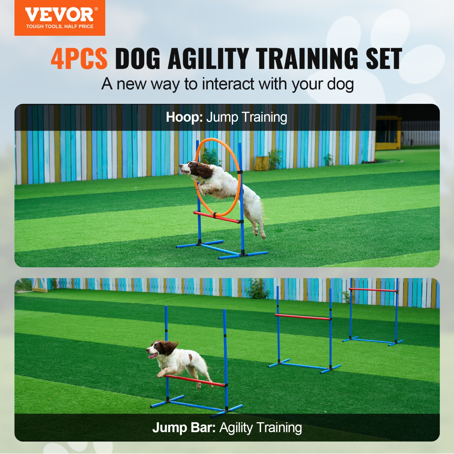 VEVOR 4 Dog Agility Training Equipment,PCS Set - Adjustable High Hurdles and Jump Ring, Puppy Obstacle Course Jump Starter Kit with Poles Storage Bag