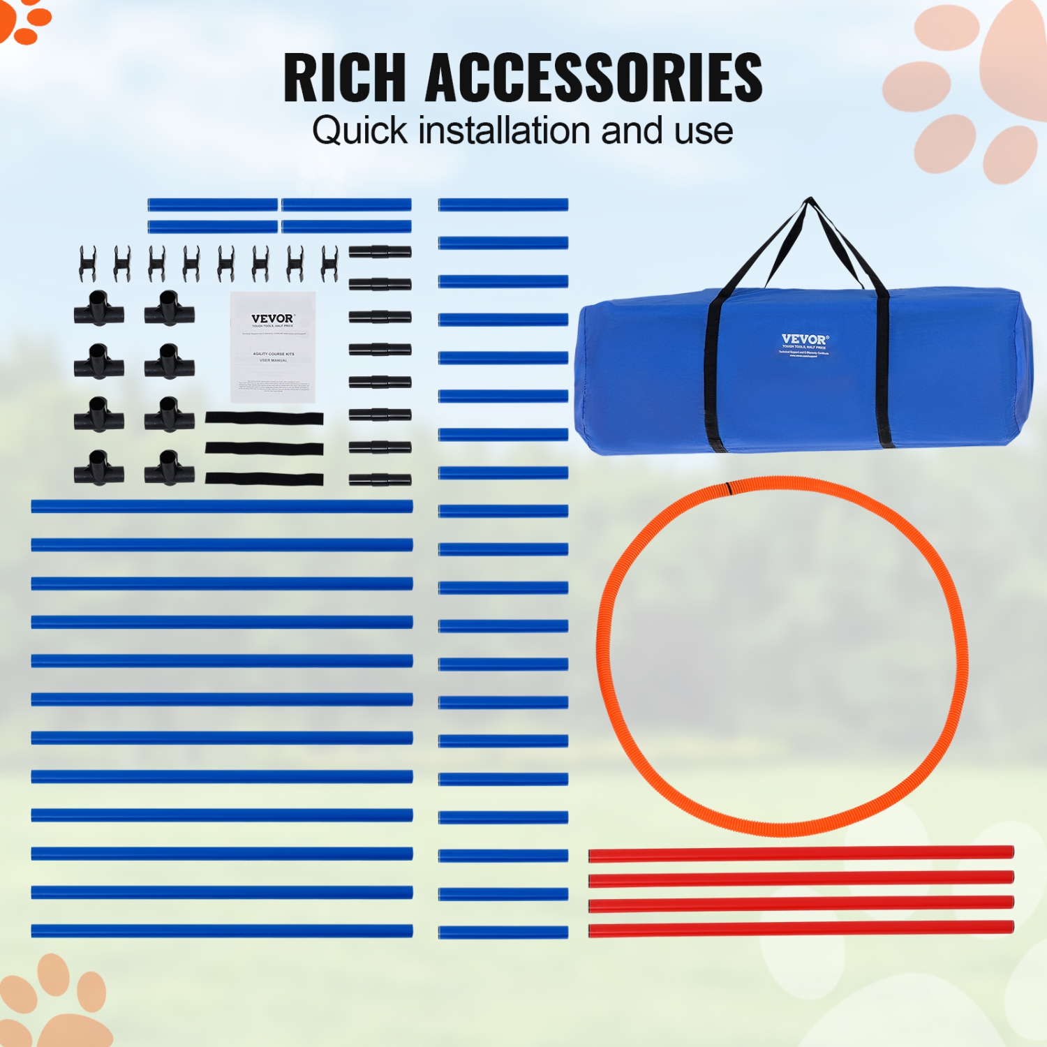 VEVOR 4 Dog Agility Training Equipment,PCS Set - Adjustable High Hurdles and Jump Ring, Puppy Obstacle Course Jump Starter Kit with Poles Storage Bag