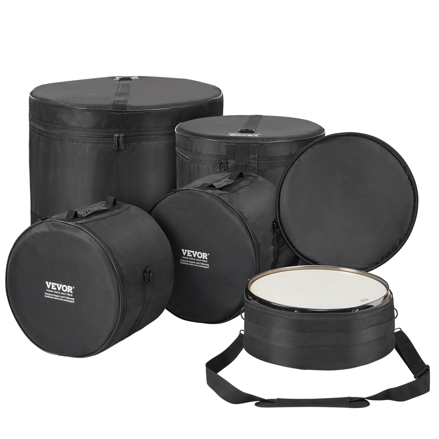 VEVOR 5-Piece Drum Bag Kit, Durable 1680D Oxford Material, Cushioned Cases with 1.5m Shoulder Strap and Carry Handles, Collapsible, Fits 22'' Bass,